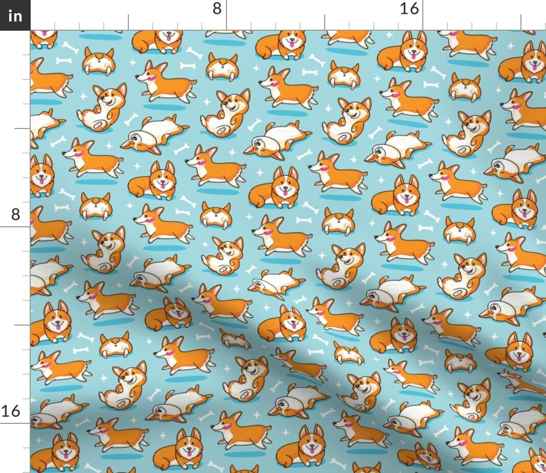 Corgi, Lovers, Pet, Dog, Cartoon, Puppies, Dogs, Mint, Blue, Orange Custom Printed Fabric by Spoonflower Various Fabrics by the Yard or Fat Quarter