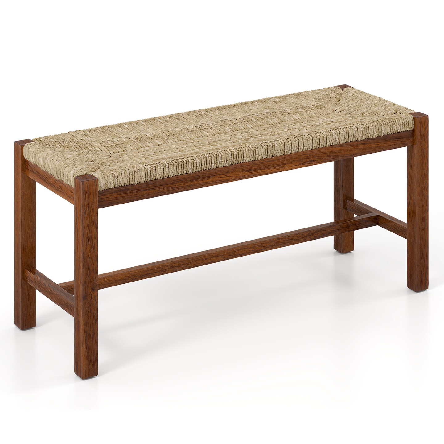 Natural Wood Dining Bench with Seagrass Seat and Sturdy Rubber Wood Frame for Kitchen or Entryway