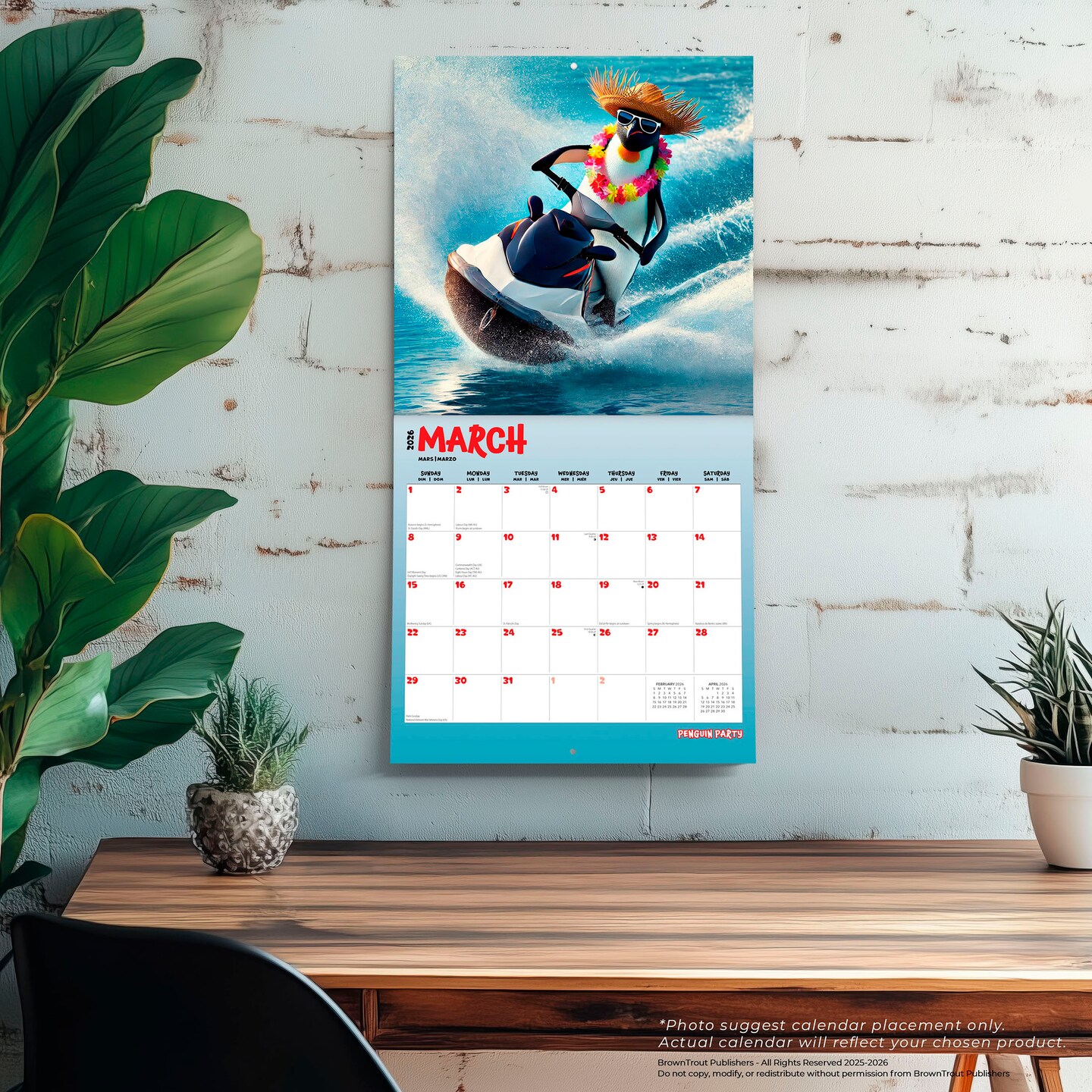 Penguin Party | 2026 12 x 24 Inch (Hanging) Monthly Square Wall Calendar | Plastic-Free | BrownTrout | Pets Funny Animals Birds