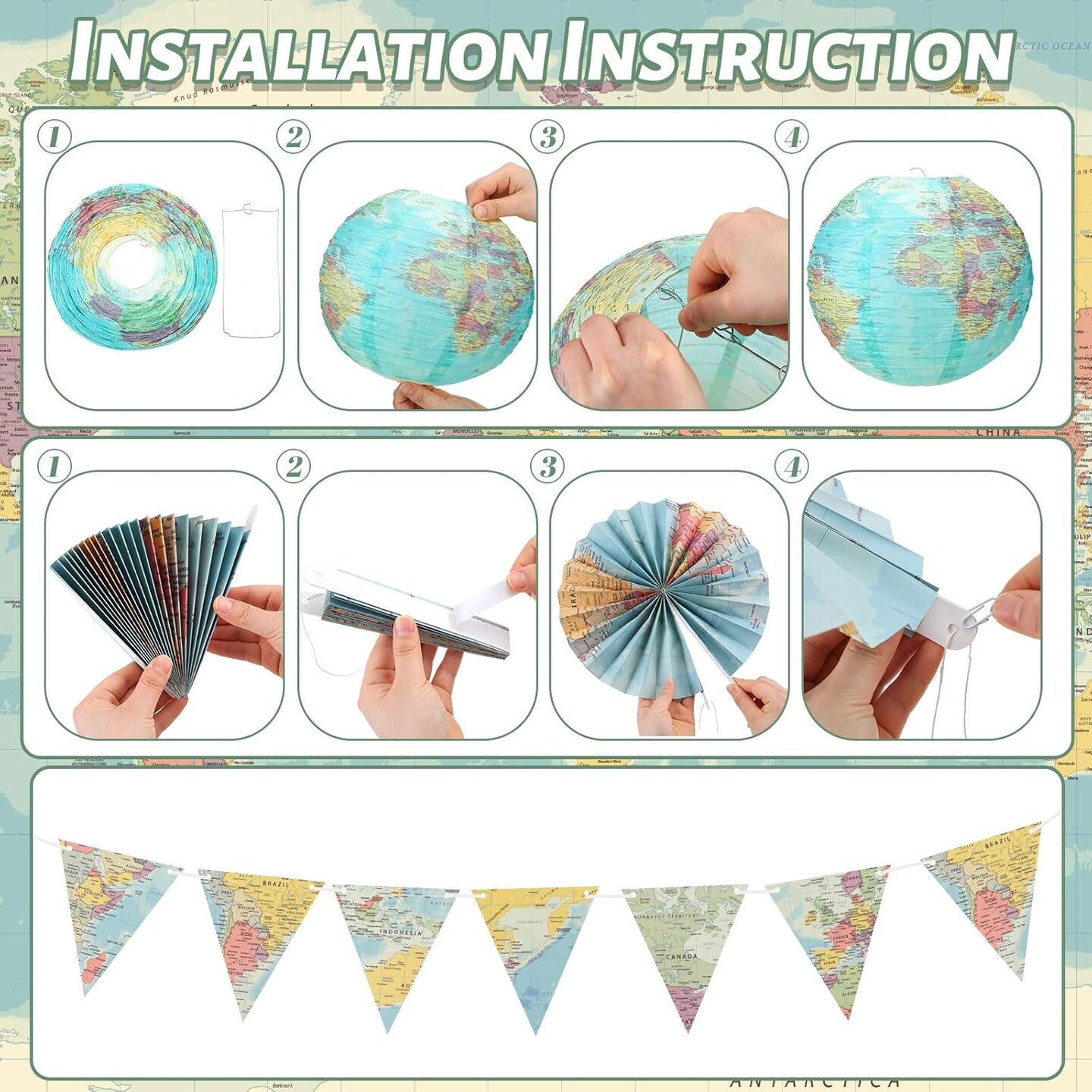 19 Pcs Map Classroom Decorations Travel Themed Party Decorations Globes Hanging Paper Lantern Fans Triangle Flags