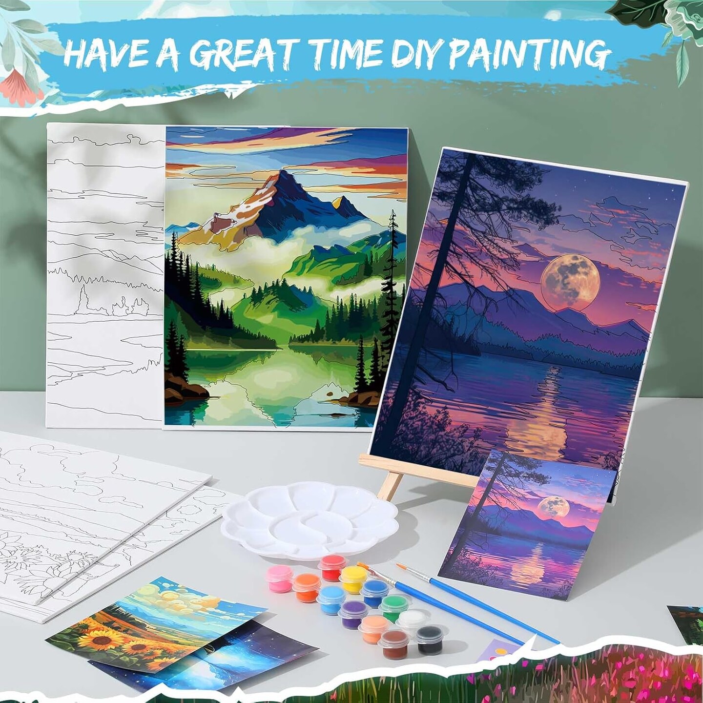 16 Sets Pre Sketched Coloring Canvas with Easels and Brushes (8x10 Inch, Landscape)