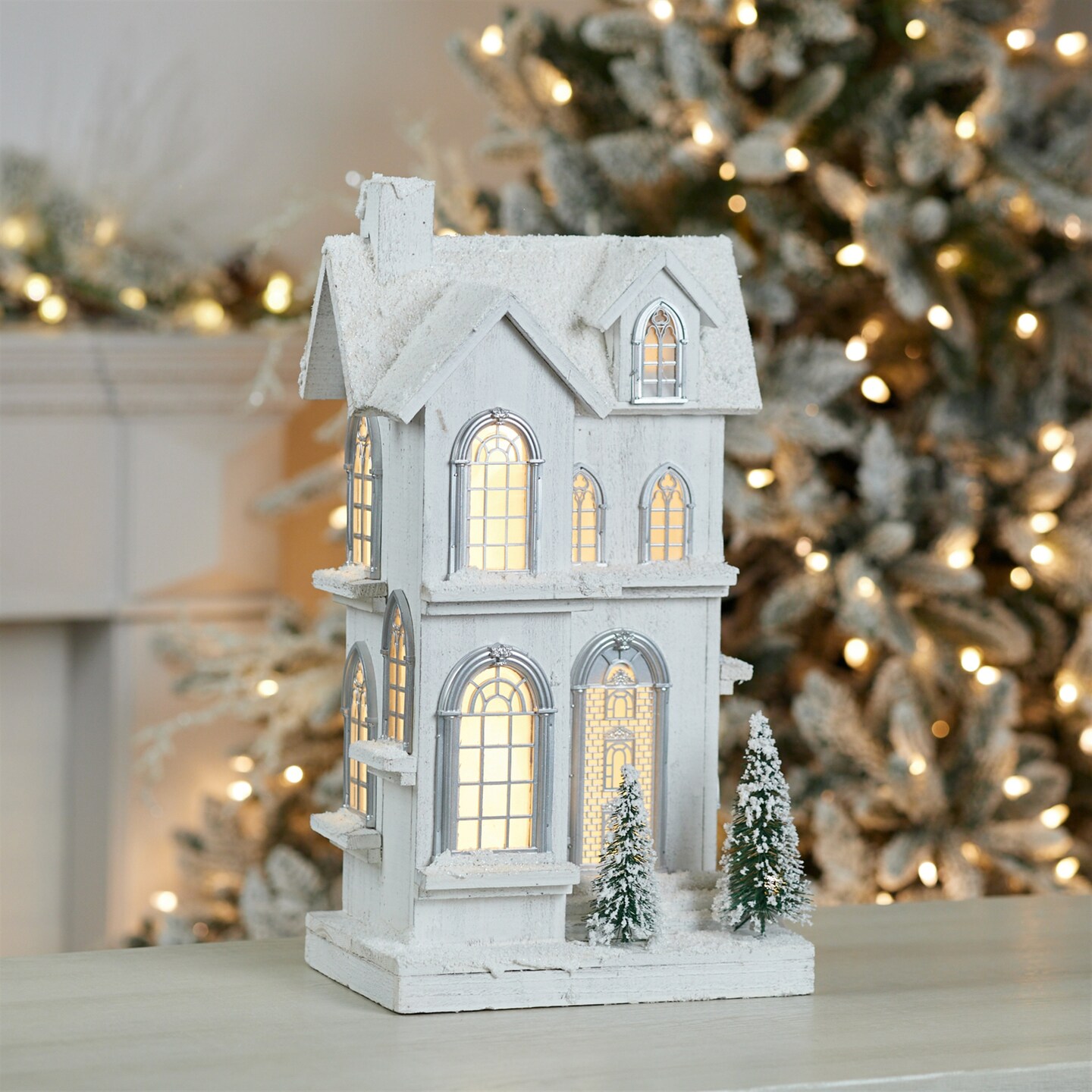 Melrose LED Lighted Flocked Wooden House Christmas Decoration - 21.75" - White