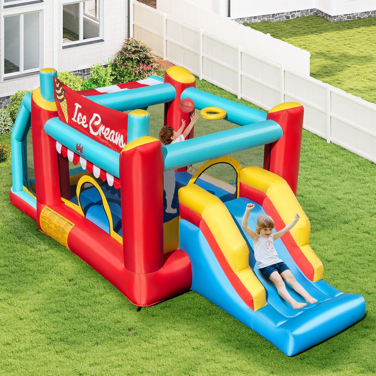 Ice Cream-Themed Inflatable Bounce House with Slide and Basketball Hoop Ball Pit Toss Rings for Boys and Girls