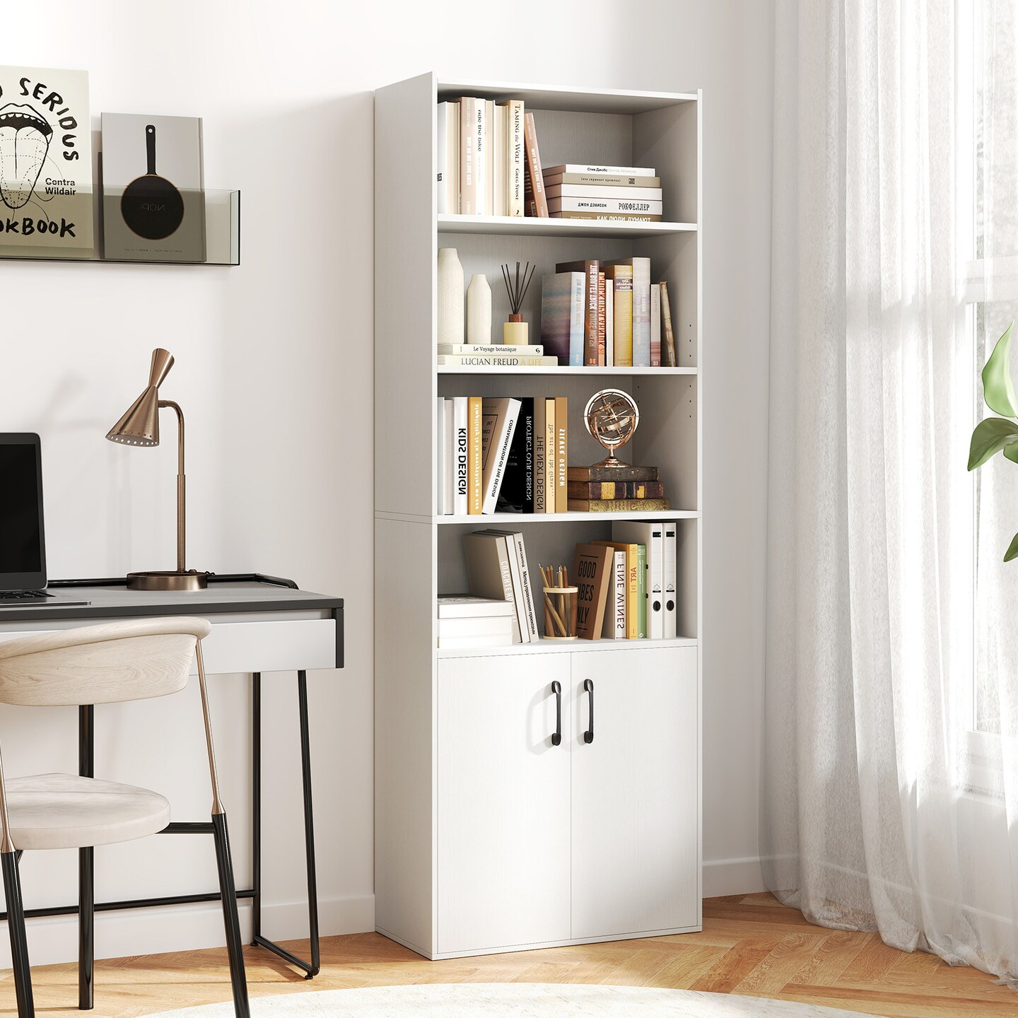 White Engineered Wood Bookcase with Adjustable Shelves, Cabinet and Anti-Tip Safety