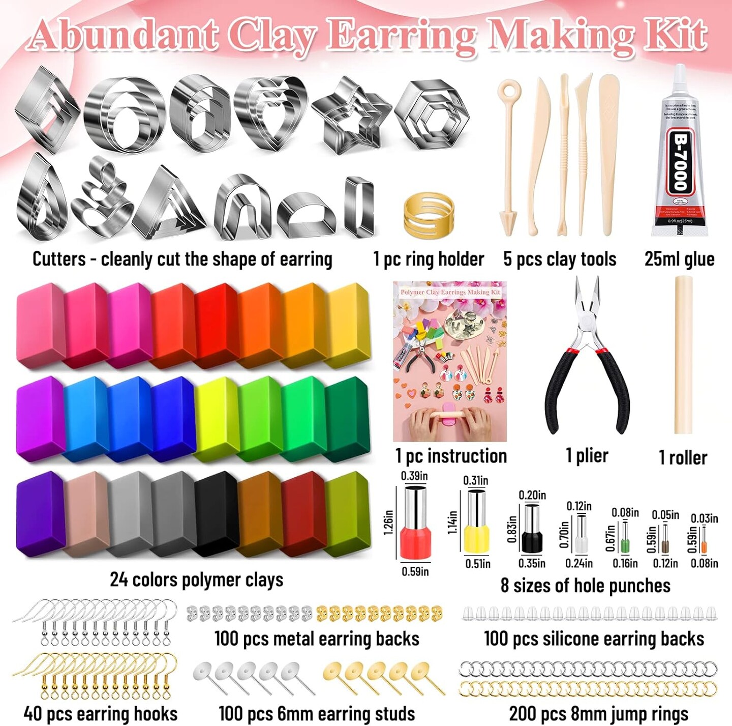 640 PCS Earring Making Tools-24 Color Polymer Clay, 8 Circle Cutters