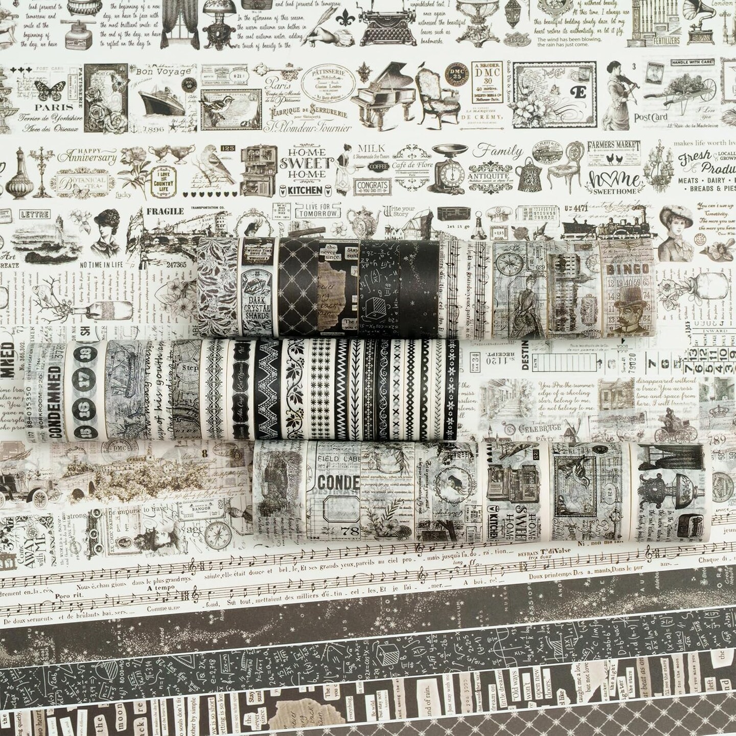 36 Rolls Vintage Washi Tape (Black &#x26; White Light)