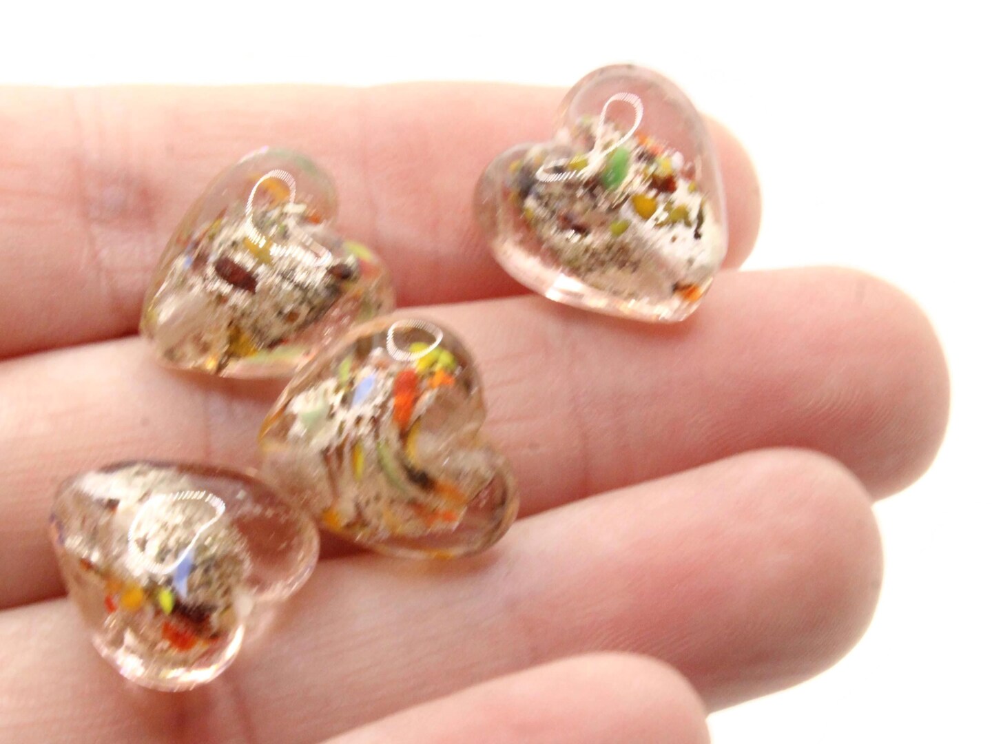 4 16mm Pink with Rainbow Inclusions Lampwork Glass Heart Beads