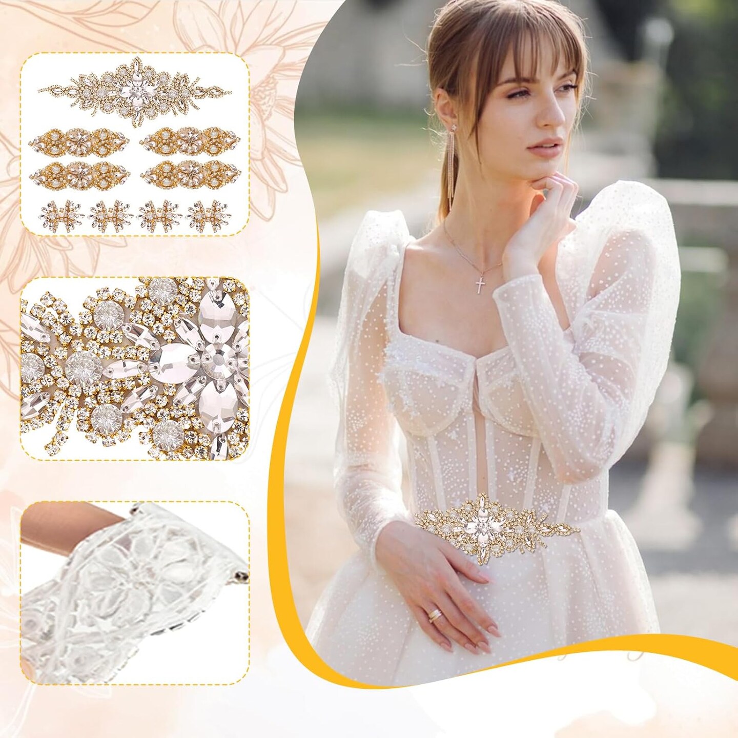 9 Pack Rhinestone Crystal Wedding Applique Iron on Patch