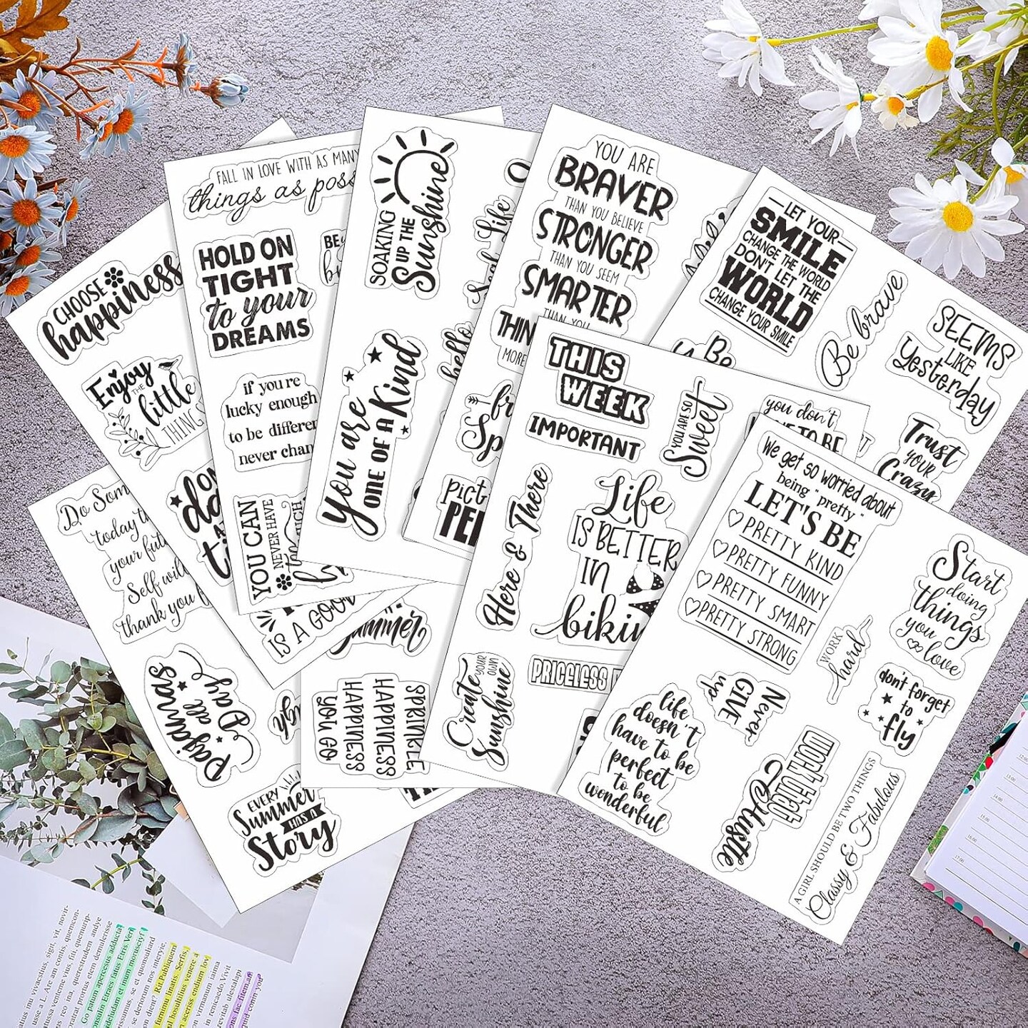 20 Sheets Transparent Vintage Words Stickers Scrapbooking (Black) 8.07 x 6.3 x 0.04 inches