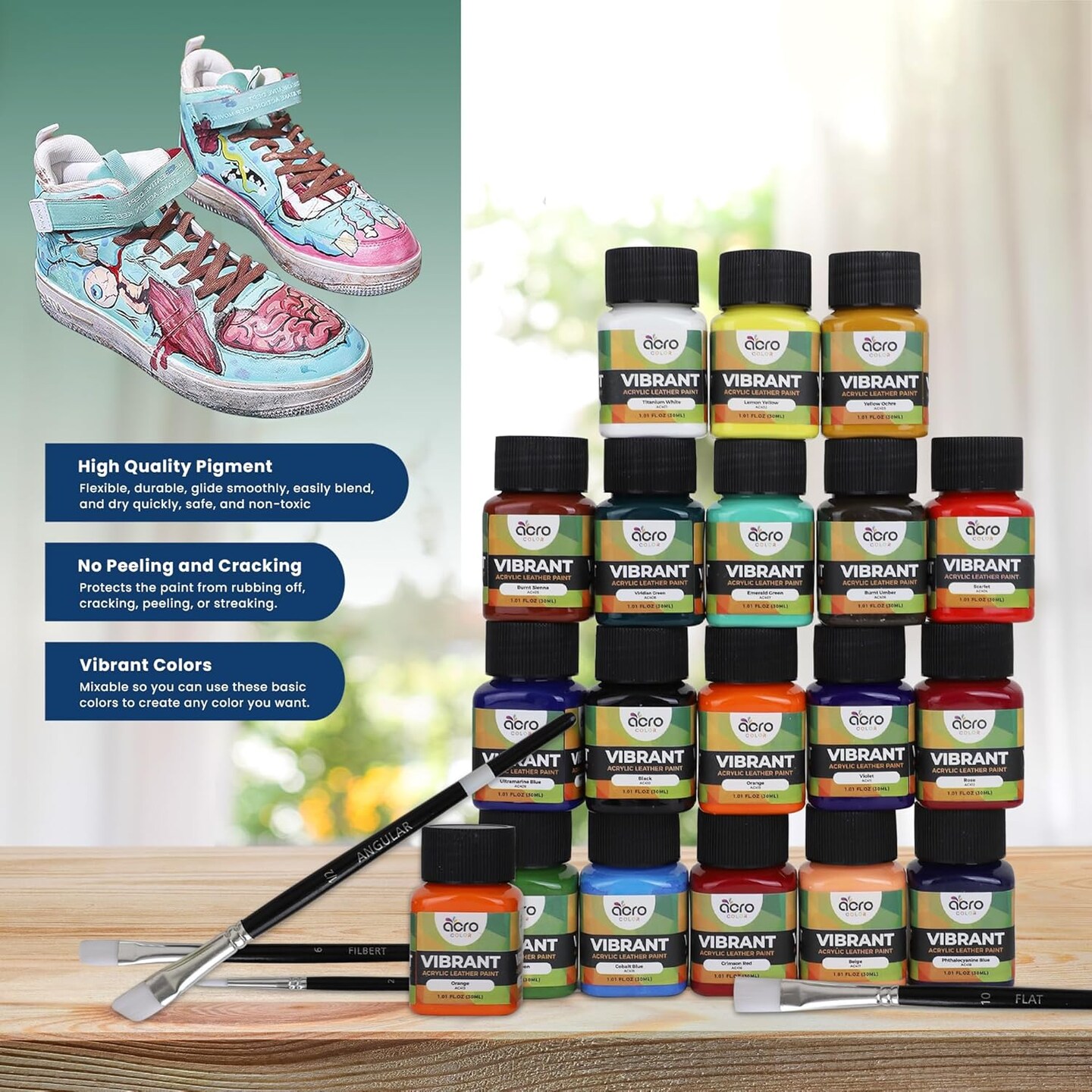 Acrylic Leather Paint - 18 Color with 5 Paint Brushes (Vibrant - 18 Colors)