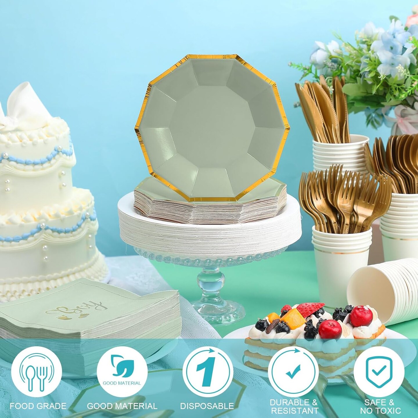 400 Pcs Baby Shower Dinnerware for 50 Guest Baby Shower,(Green,Baby Boy)