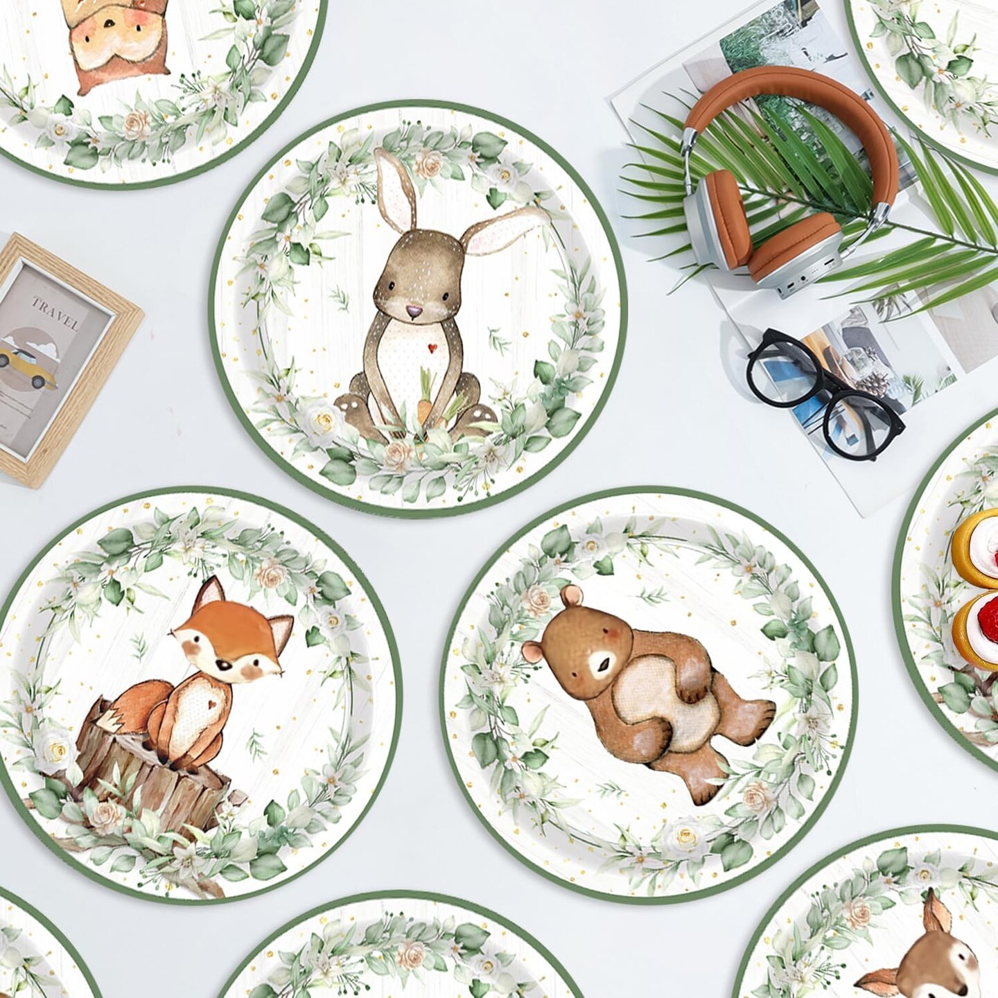 60Pcs Woodland Baby Shower Party Plates for 60 Guests (White and Green)