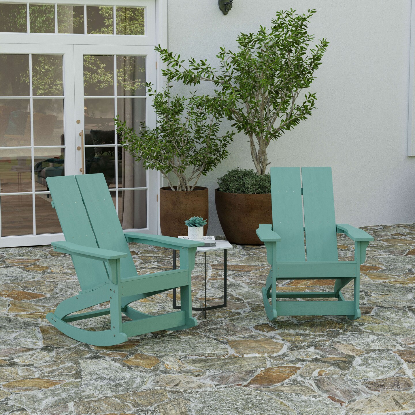 Merrick Lane Set of 2 Wellington UV Treated All-Weather Polyresin Adirondack Rocking Chair for Patio, Sunroom, Deck and More