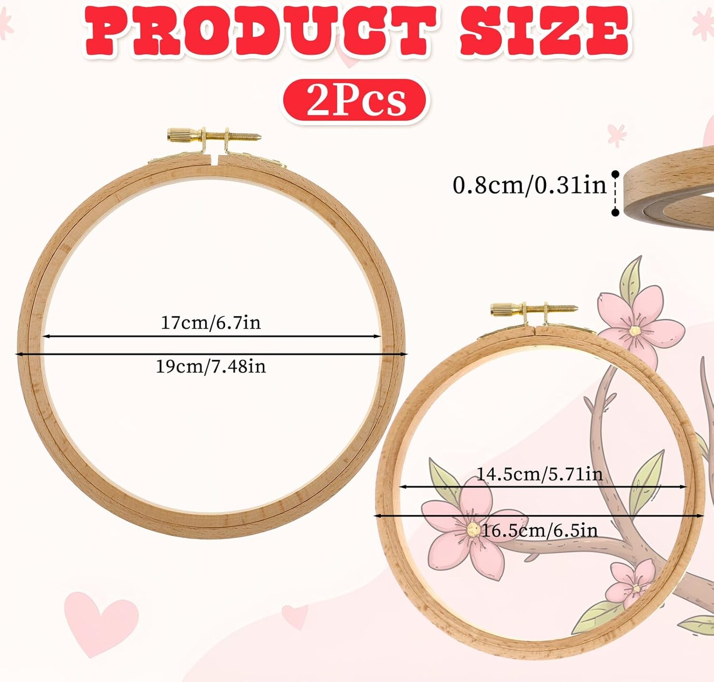 2 Pack 6 Inch 7 Inch Wood Embroidery Hoop, Cross Stitch Hoops Ring