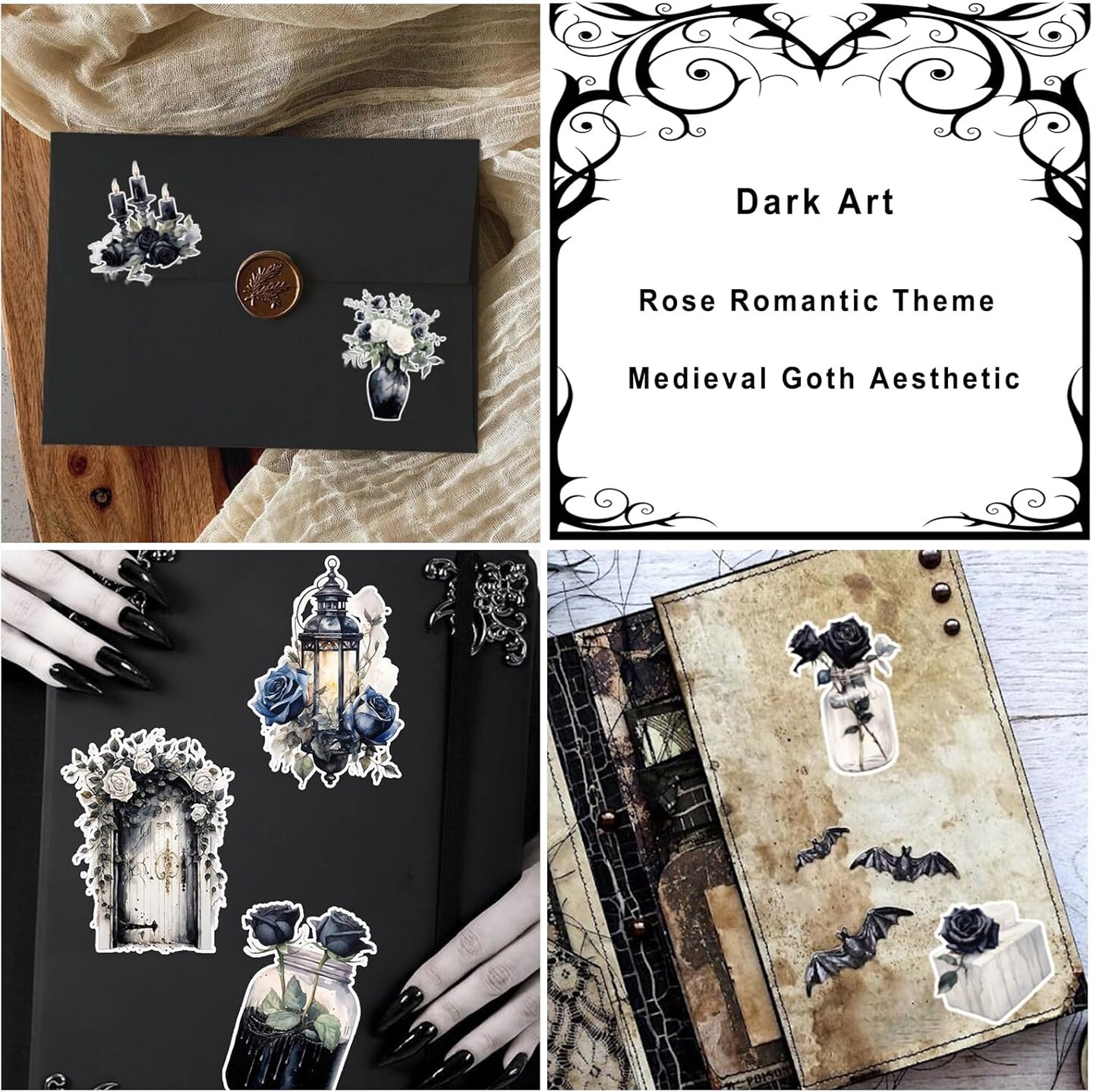 94pc Dark Aesthetic Stickers for Journaling - Apothecary Potion Labels & Black Rose Vintage Decals - Goth Antiquarian Ephemera for Junk Journals, Scrapbooking & Halloween DIY Crafts