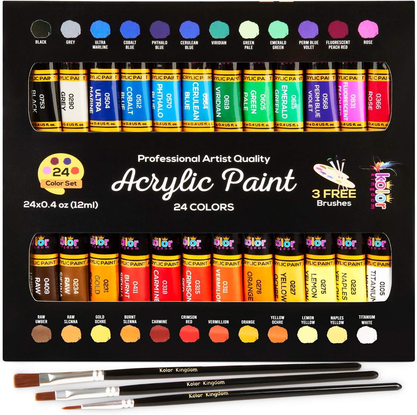 Acrylic Paint Set, 24 Colors (0.41oz / 12ml) with 3 Brushes – Perfect for Canvas, Paper, Wood, Rock, MDF, Ceramic & Fabric Painting
