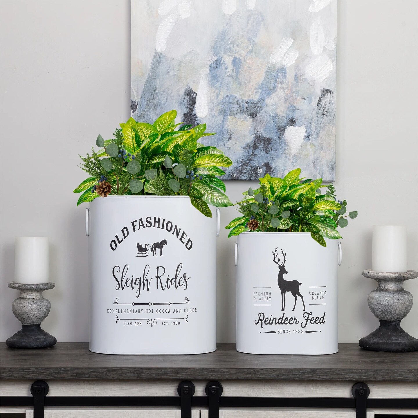 White Christmas Greenery Buckets 2pc Rustic Holiday Decor Set