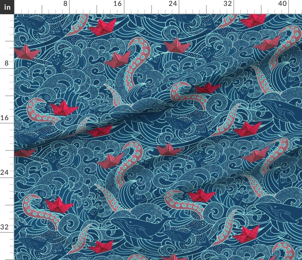 Various Fabrics by the Yard or Fat Quarter Kraken Octopus Origami Boats Ocean Wave Humpback Whale Nautical Paper Custom Printed Fabric by Spoonflower