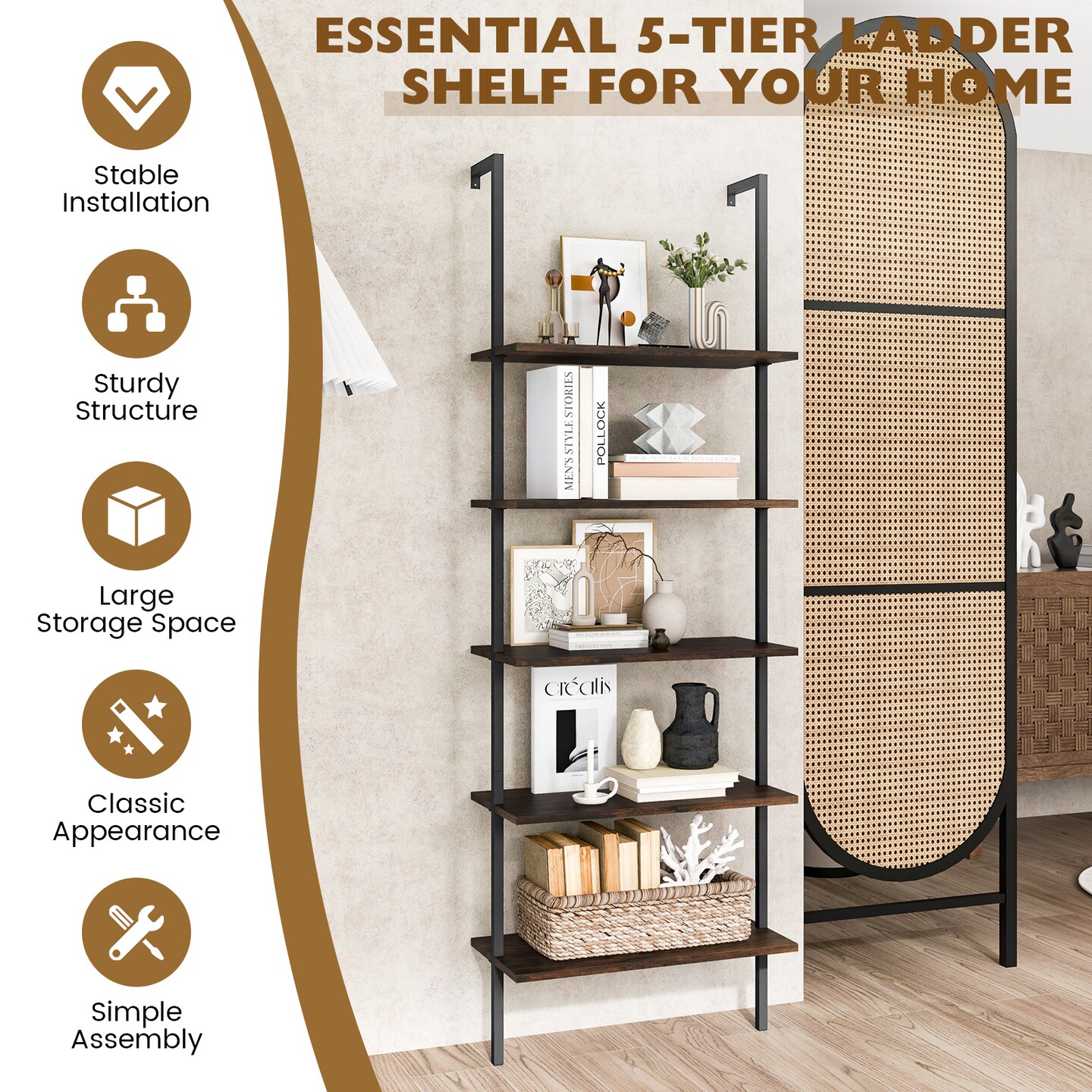 Brown Engineered Wood Ladder Shelf with Gold Metal Frame, 5 Tiers and Wall-Mounted Safety
