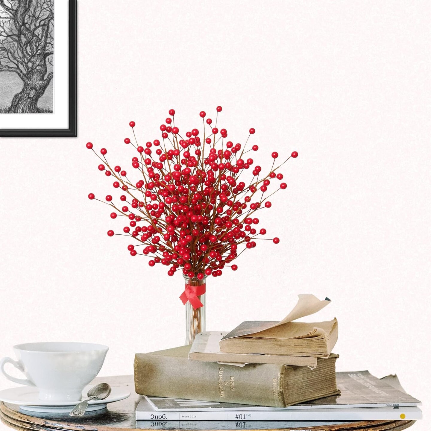 6PC Vibrant Red Holly Berry Stem Picks - 35 Berry Holiday Floral Accents, 17-Inch Length