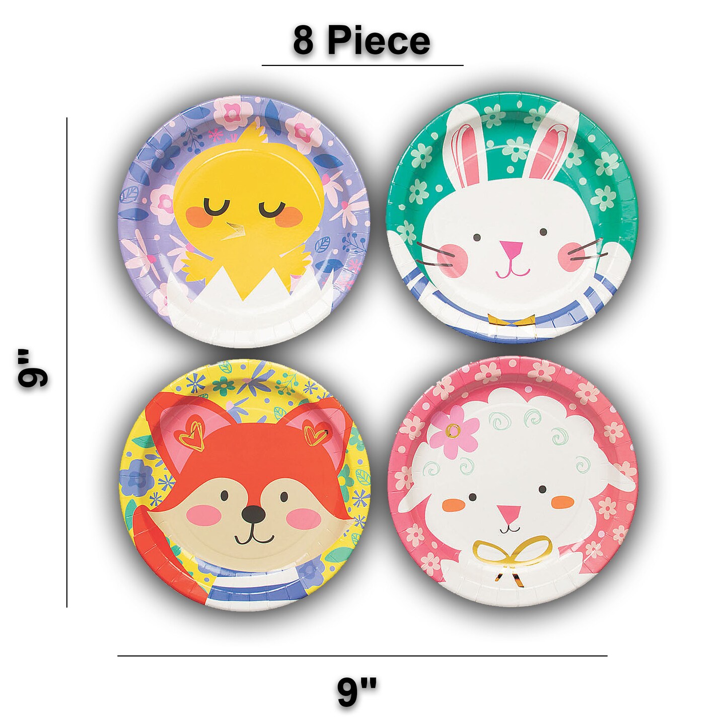 8 Ct. Cute Easter Animal Friends Paper Dinner Plates 9" Disposable Spring Holiday Plates with Gold Foil