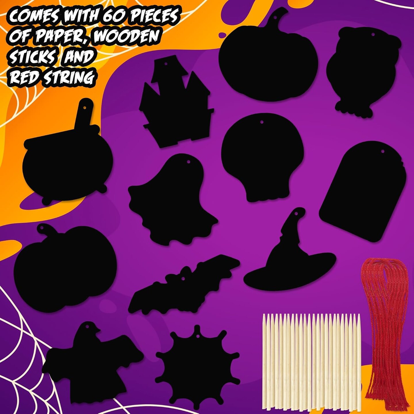 Halloween Crafts (Bulk) - Scratch Art for Kids, 60 Sets with 60 Designs, 60 Sticks