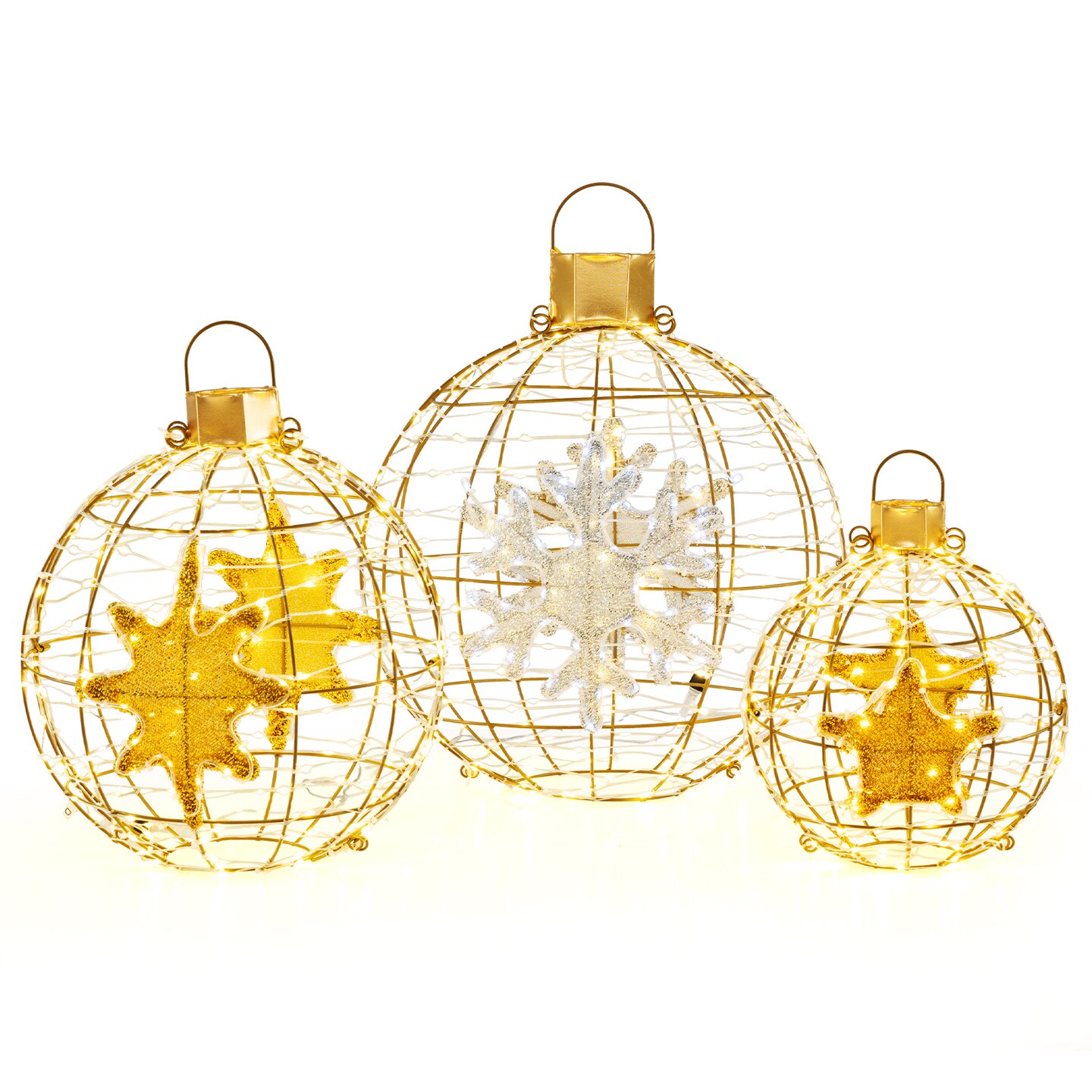 Gold Pre Lit Christmas Lantern Balls Set of 3 with LED Lights and Hooks