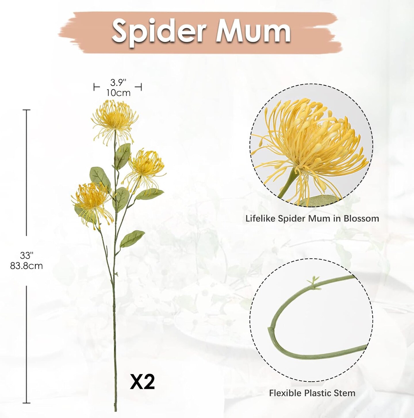 33" Yellow Artificial Mums Flowers Chrysanthemum Flowers 2Pcs Fake Spider (Yellow) 8"D x 8"W x 33.3"H