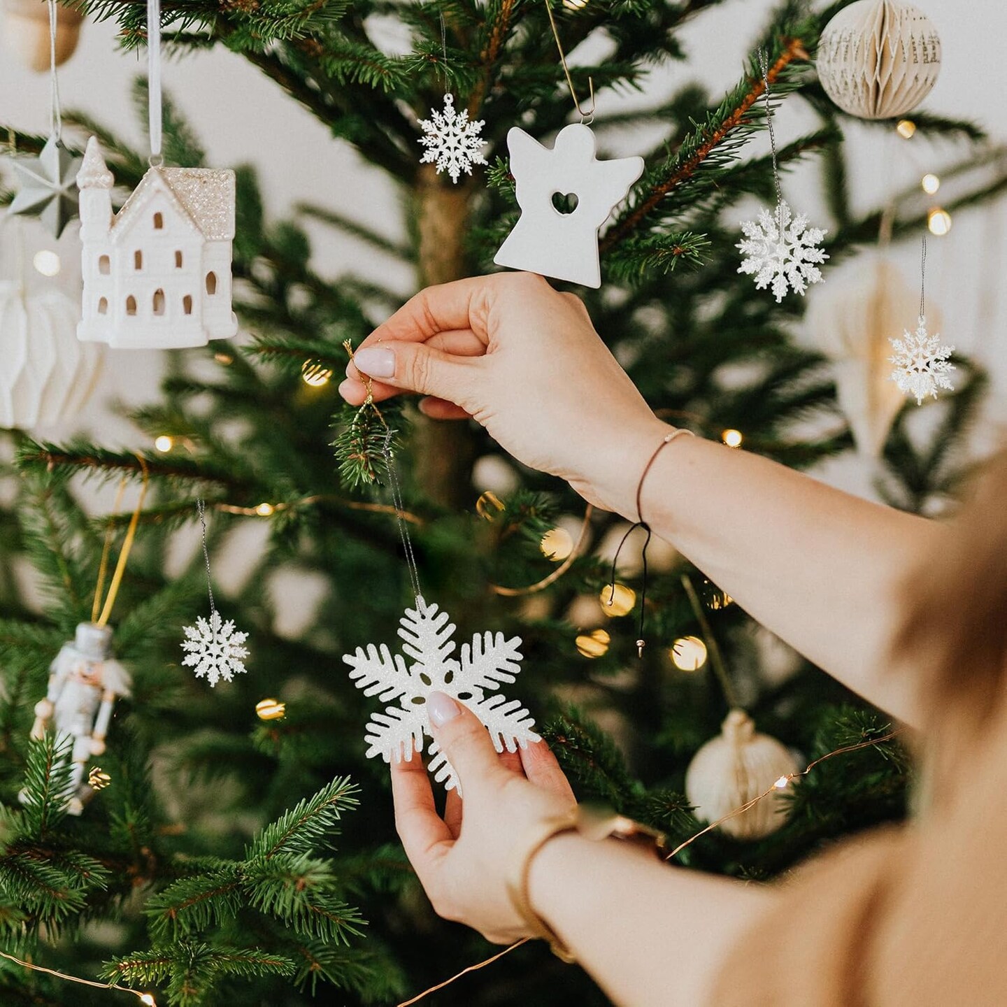 48pcs White Plastic Glitter Snowflakes Hanging Ornaments - White