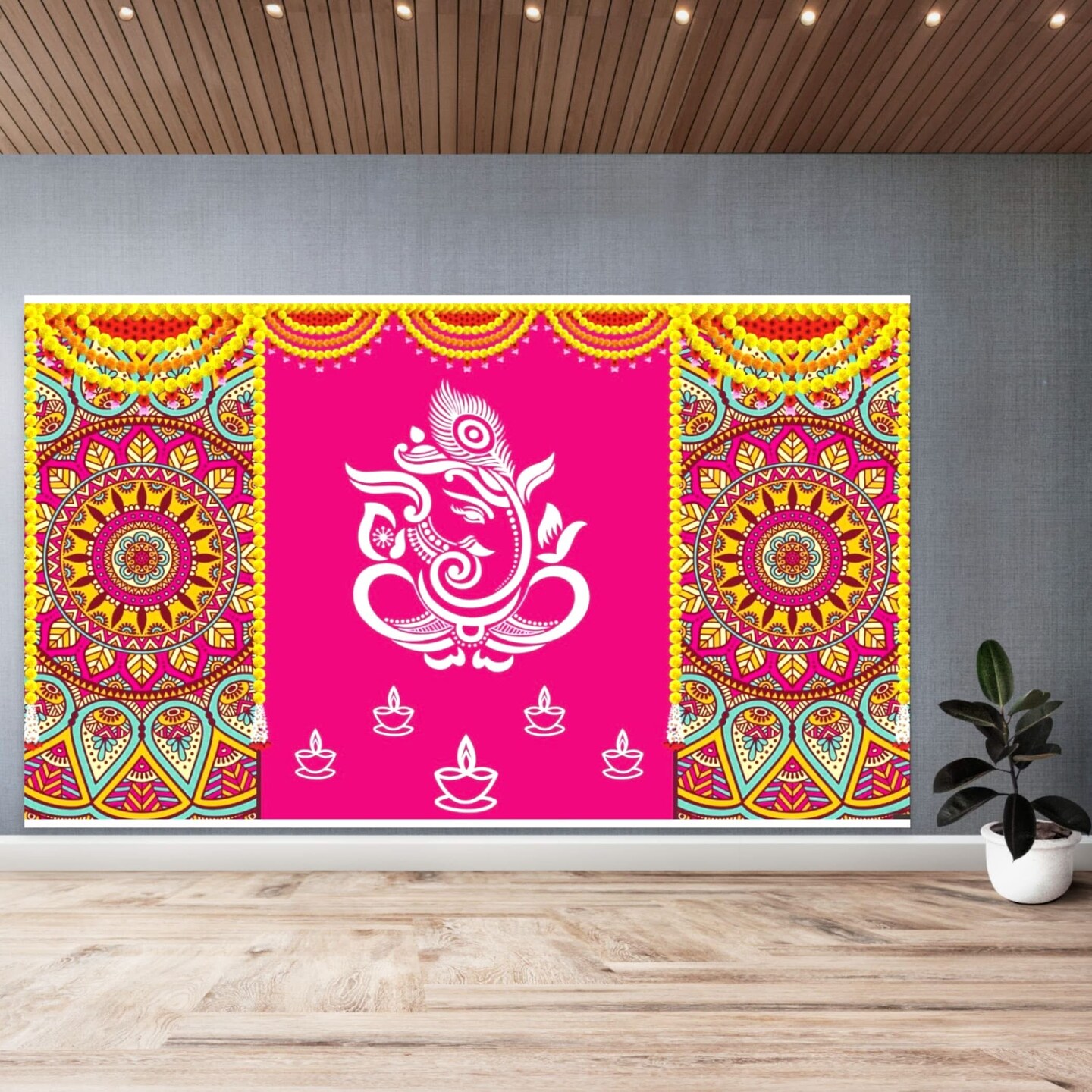 Lord Ganesh Backdrop 5x8 Feet Indian Traditional Cloth Backdrop Pooja Backdrop Indian Wall Art Photo Decor Banner Diwali Decor Wedding Backdrop Decorative Cloth Housewarming Gift
