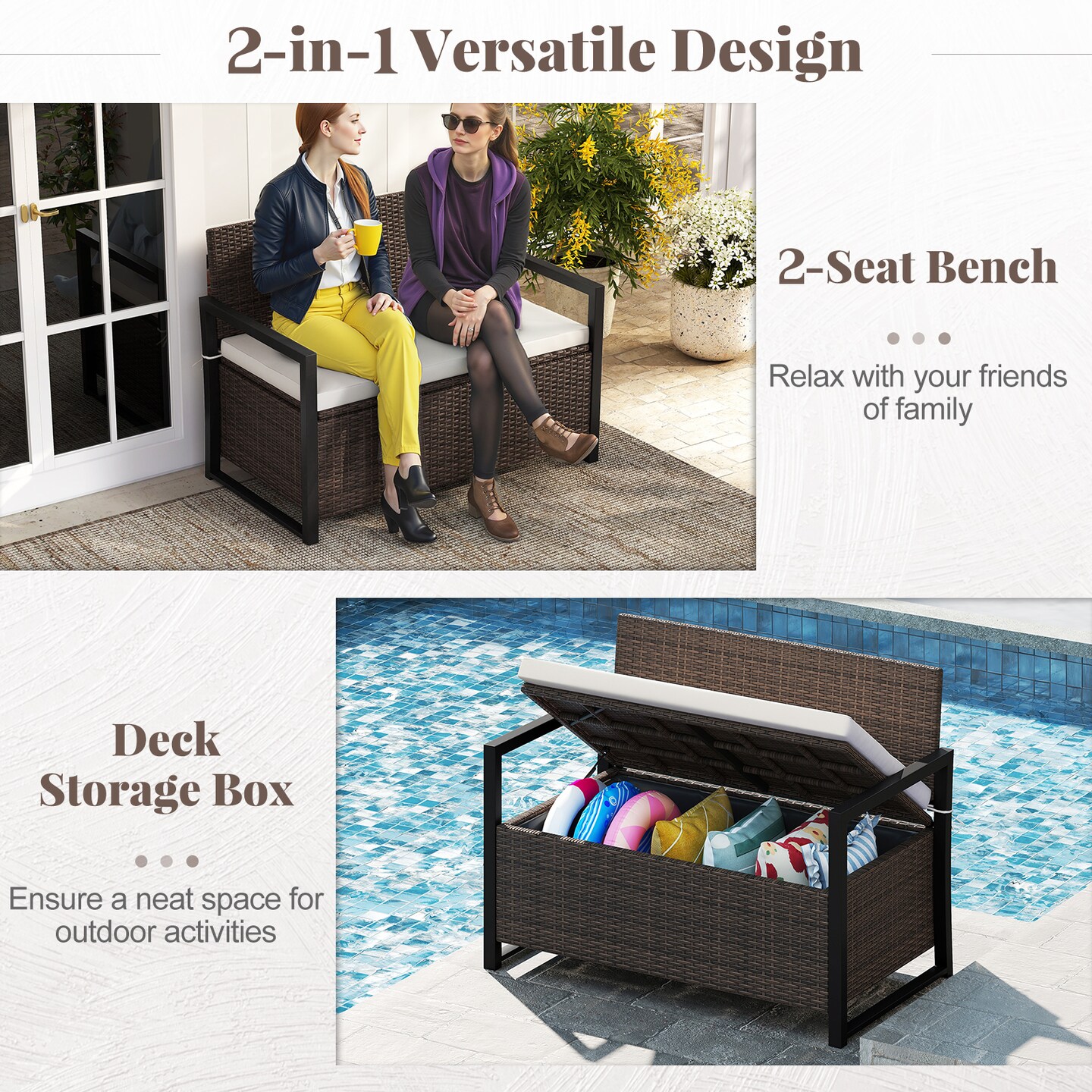 Patio Storage Bench with Cushion and 40 Gallon Under-seat Compartment