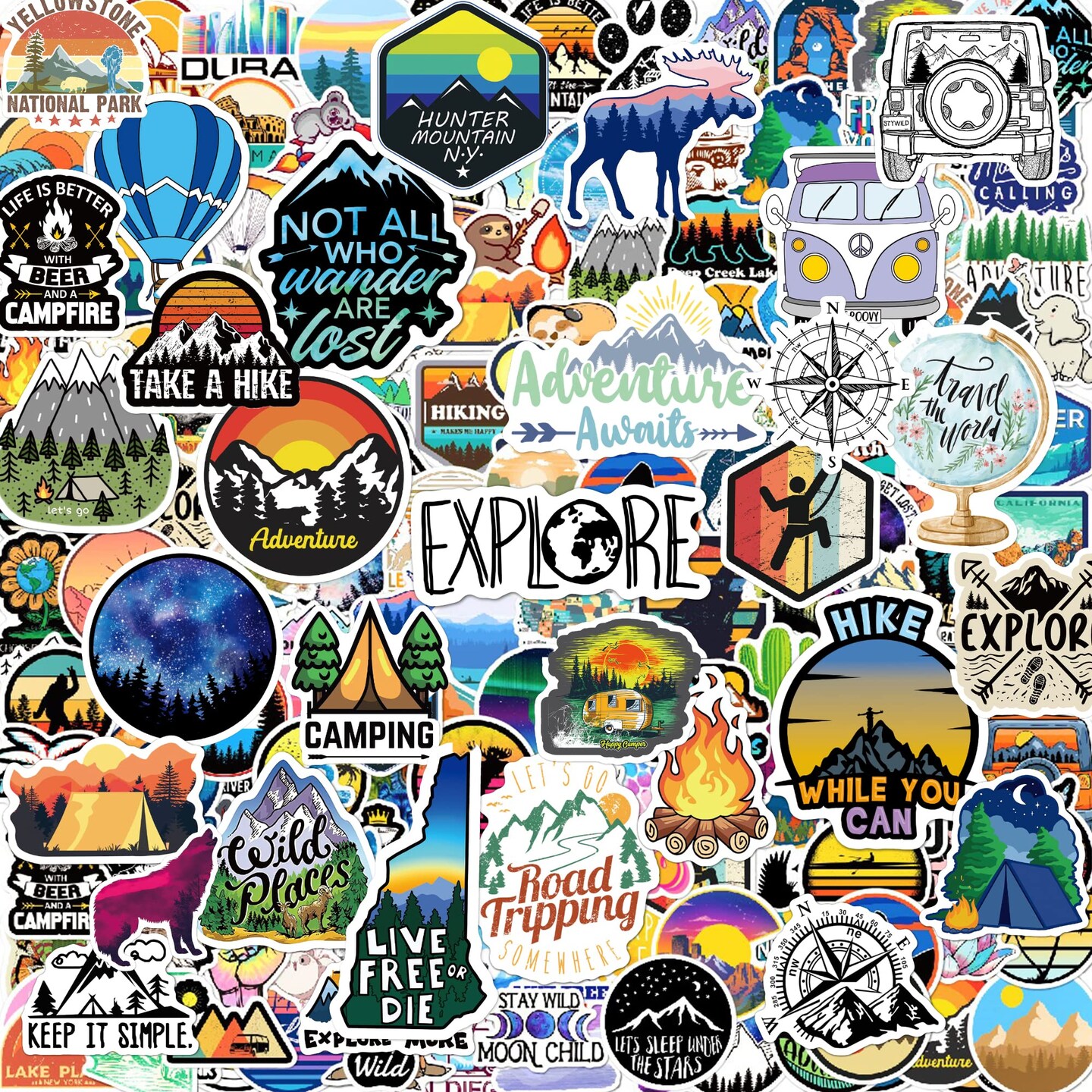 200PCS Camping Stickers - Water Bottles, Outdoor Adventure, Vinyl Waterproof Stickers Packs for Laptop, Travel &#x26; Hiking, Bike, Bumper, Suitcase, Luggage, Car, Wilderness, Nature