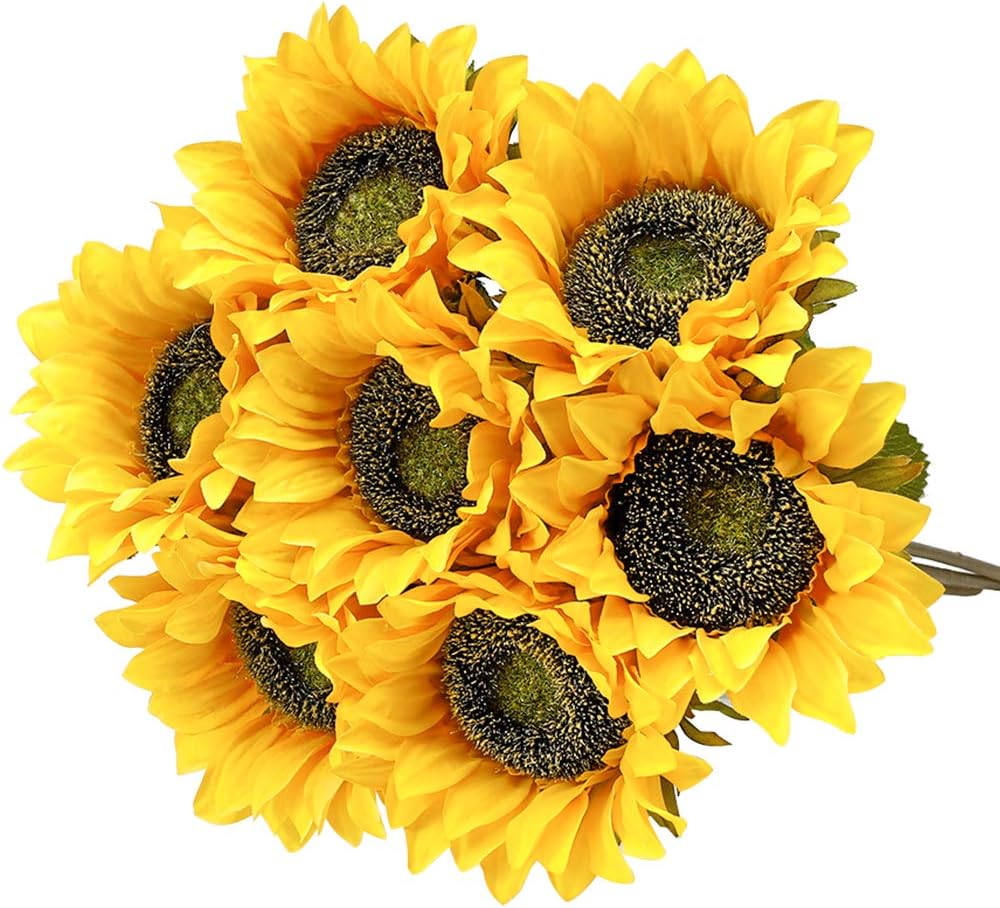 7PCS Artificial Sunflower Flowers Long Stem Silk (Yellow-vintage) 4.75"D x 4.75"W x 17.8"H