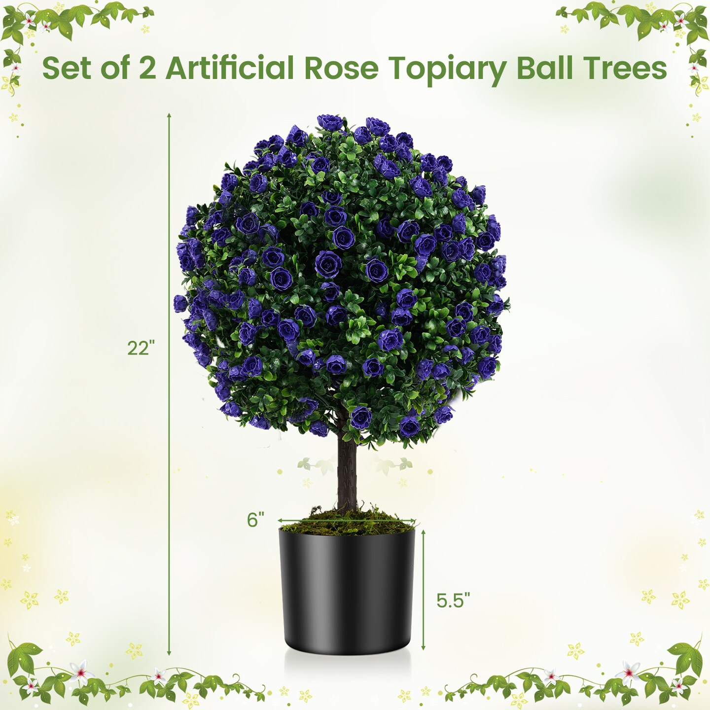 Purple Artificial Rose Topiary Tree Set of 2 with Cement Pot and UV Resistant Foliage