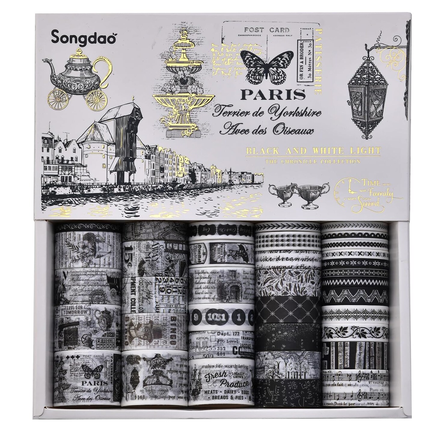 36 Rolls Vintage Washi Tape (Black &#x26; White Light)