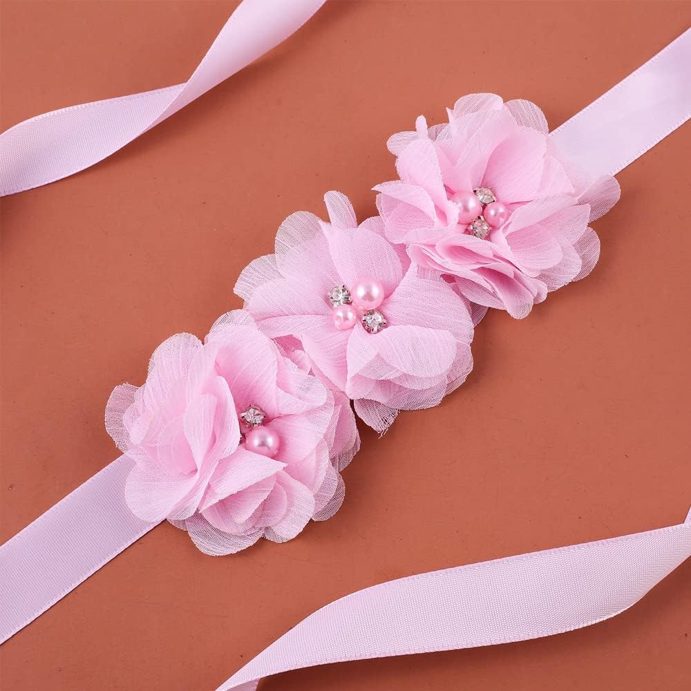 30 PCS Rhinestone Pearl Pink Chiffon Flower Sewing Fabric Appliques
