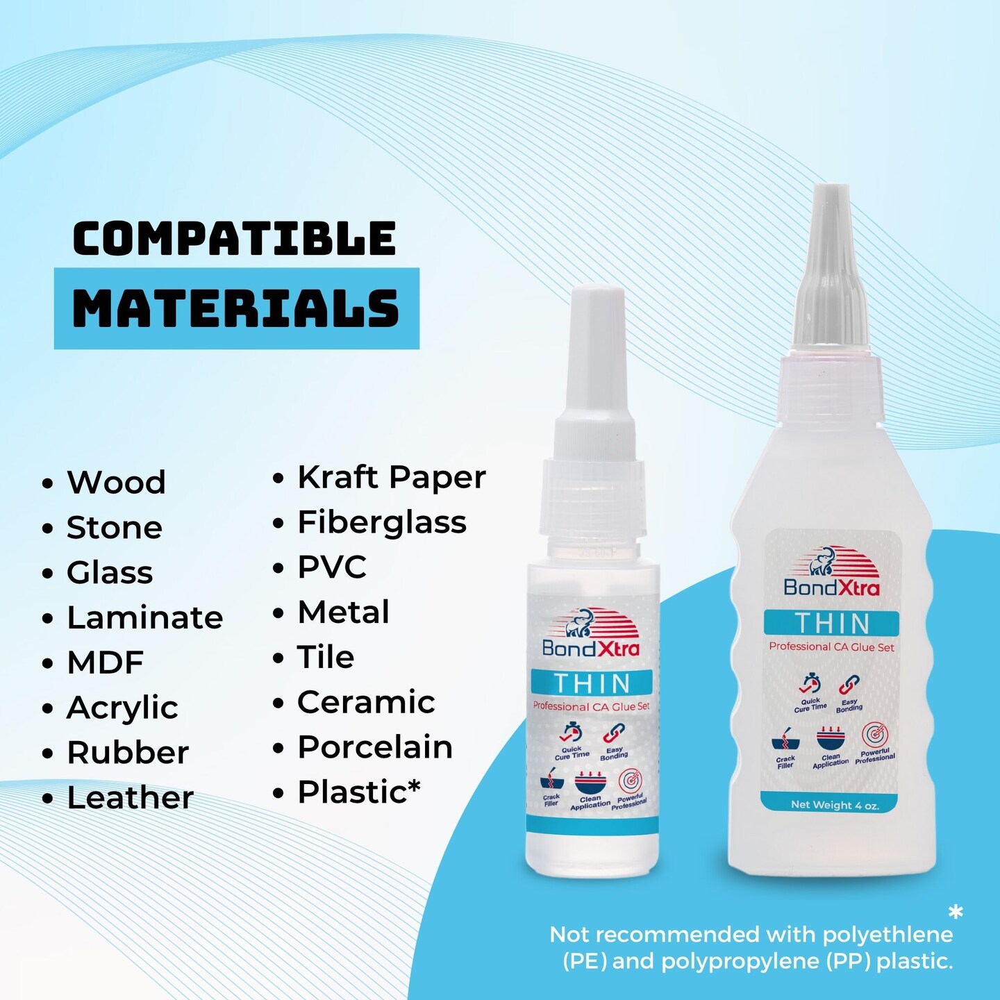 BONDXTRA BXT16 Thin Viscosity CA Glue 16 oz. Set – Premium Super Glue Kit for Woodworking, Crafts & DIY, Fast-Drying, Clear Cyanoacrylate Adhesive with Microtips