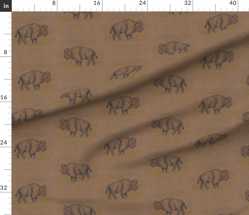 Rustic Western Monochrome Buffalo Bison Southwest Plains Cattle Brown Custom Printed Fabric by Spoonflower Various Fabrics by the Yard or Fat Quarter