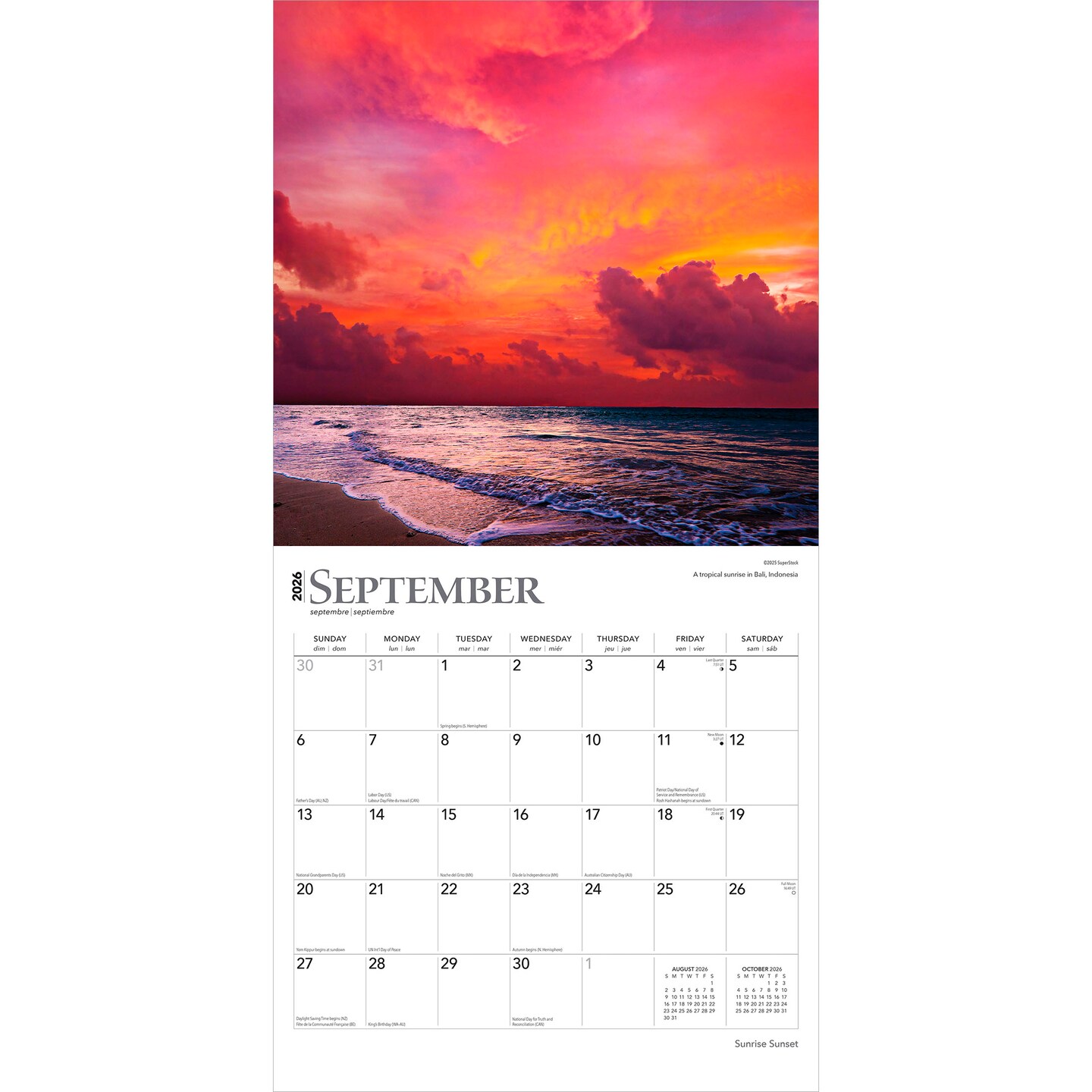 Sunrise Sunset | 2026 12 x 24 Inch (Hanging) Monthly Square Wall Calendar | Plastic-Free