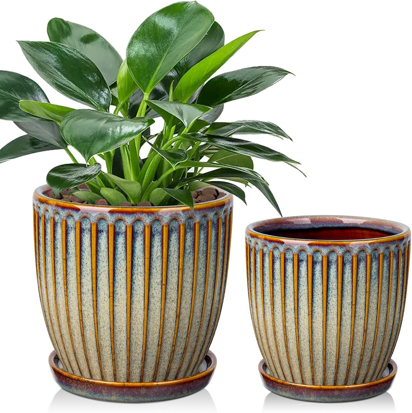 Set of 2 Ceramic Pots with Drainage Holes and Saucers (Brown)