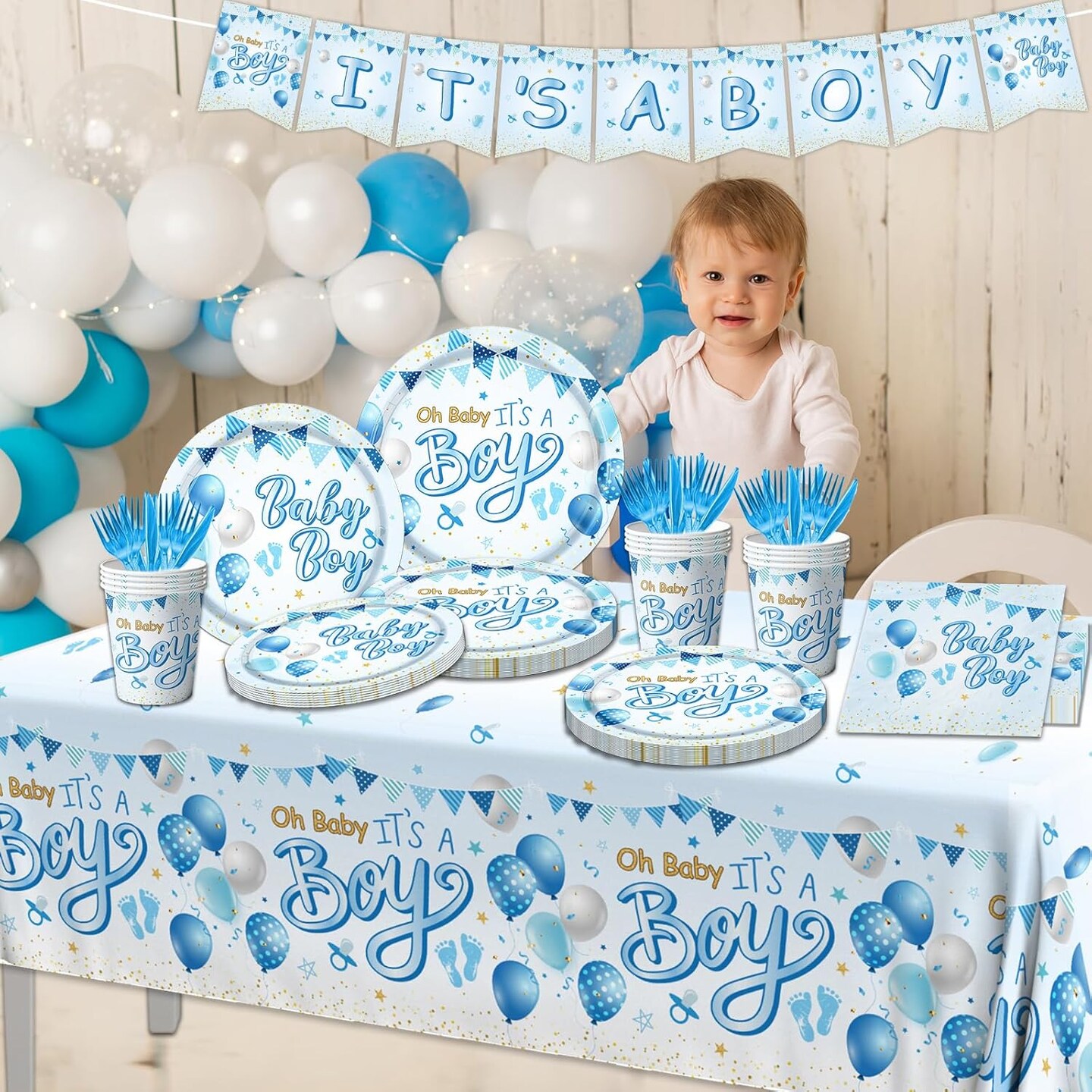 It's a Boy Baby Shower Party Supplies with Baby Boy Plates Napkins Cups Banner Tablecloth