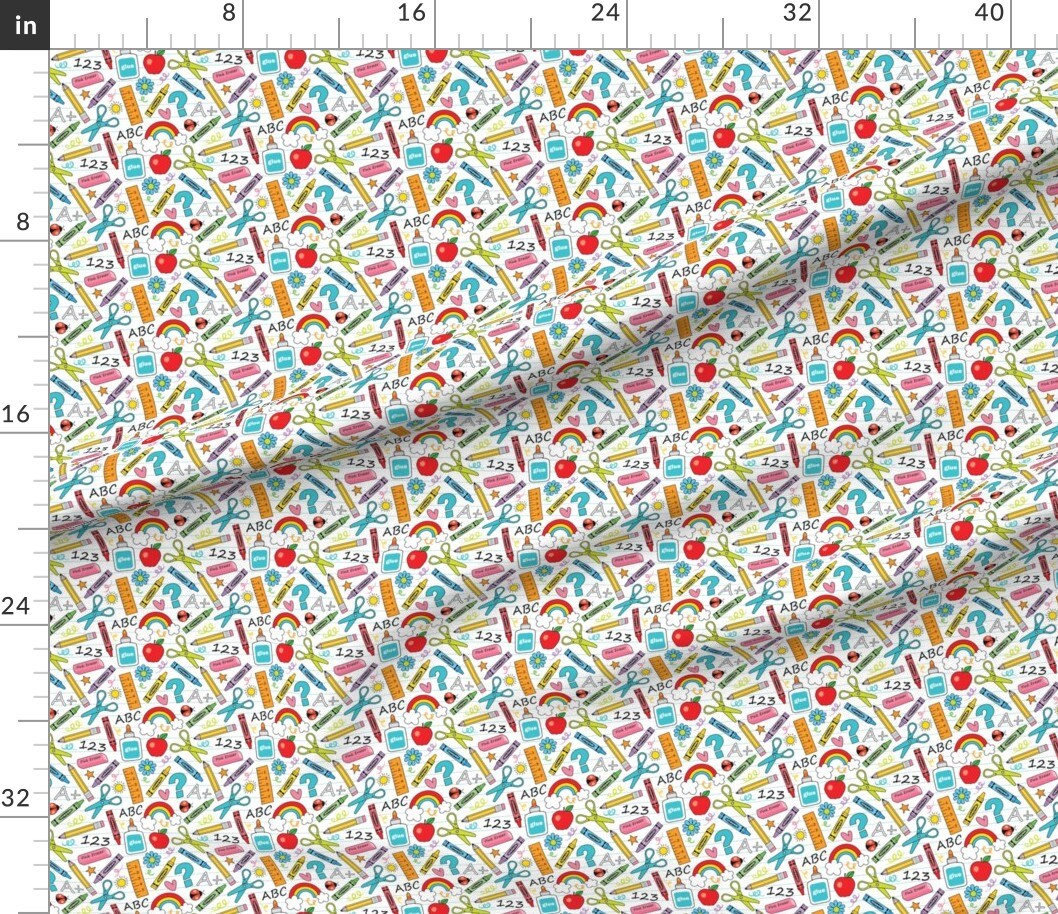 Small School Supplies White Teacher Pencil Rainbow Student Abcs Education Custom Printed Fabric by Spoonflower Various Fabrics by the Yard or Fat Quarter