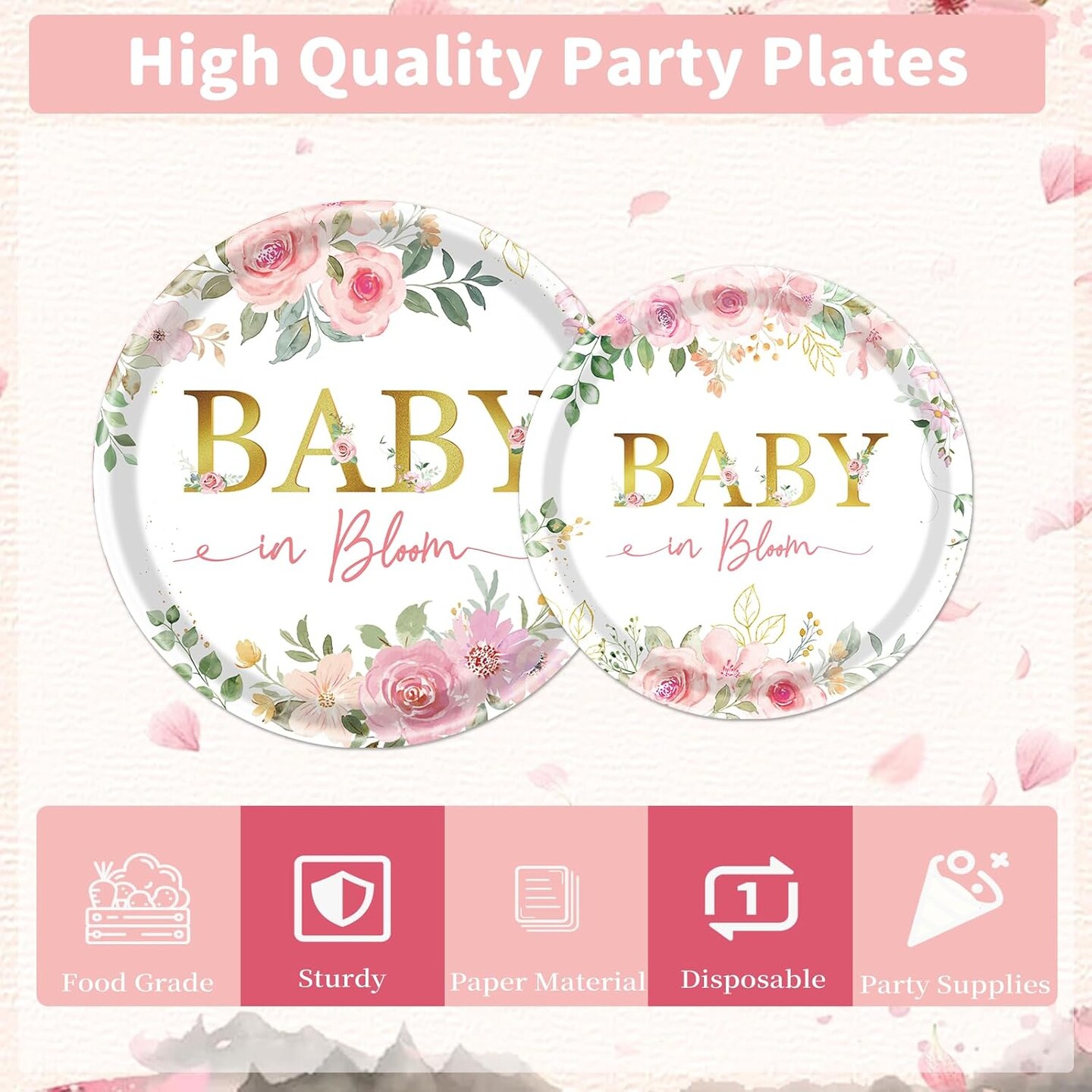 Baby in Bloom Baby Shower Decorations, 96PCS Spring Floral Party Plates Napkins and Forks Set Supplies, Flower Disposable Paper Tableware for Girls Serves 24