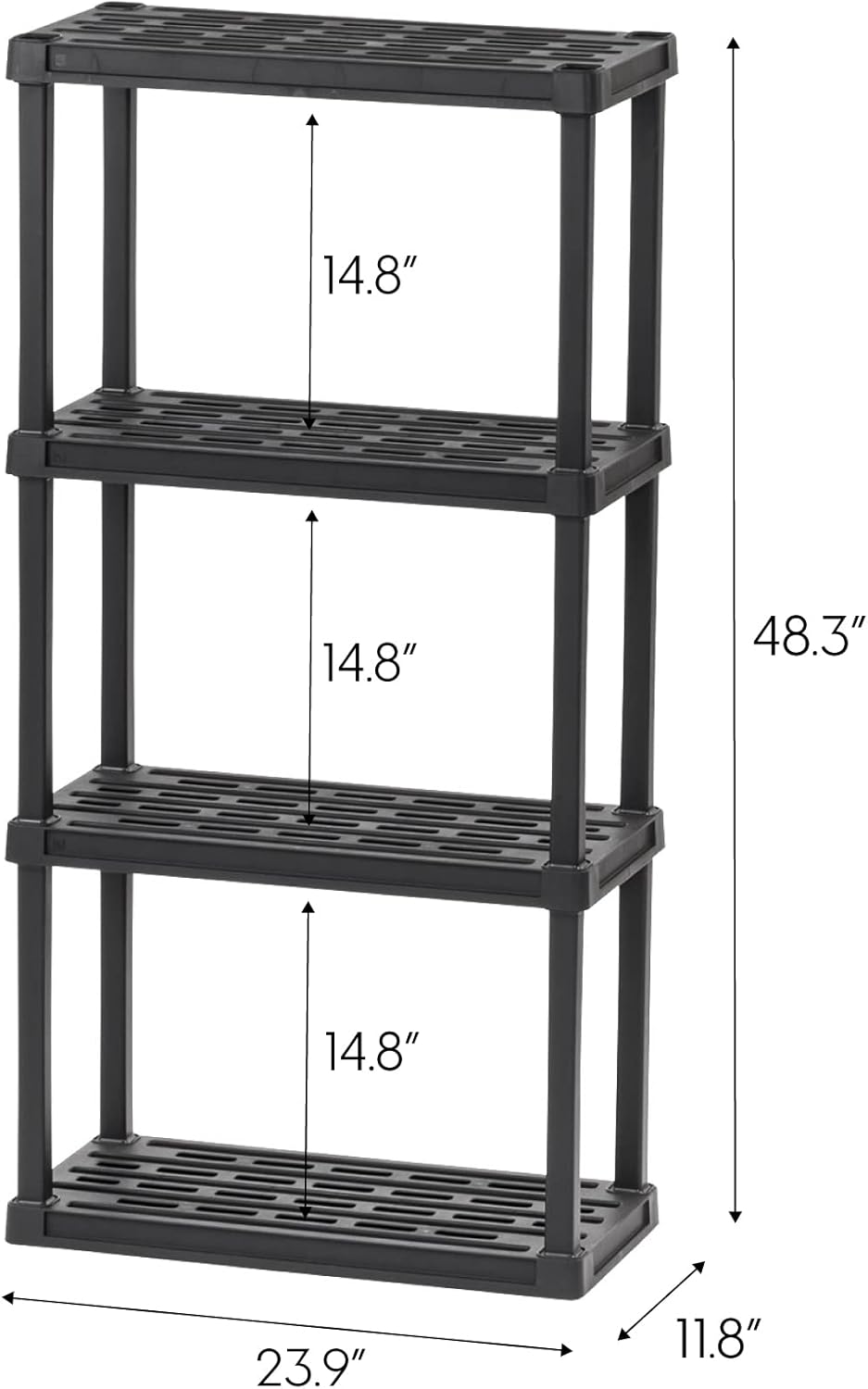 Heavy Duty Plastic Storage Shelves - 4-Tier (Black) 12"D x 24"W x 48"H