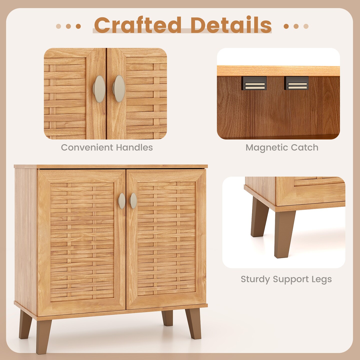 Teak Engineered Wood Shoe Storage Cabinet with Ventilated Doors and Removable Shelves