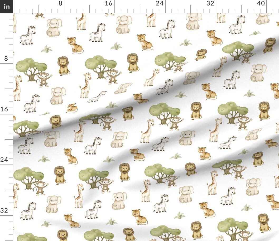 Safari Animal Baby Animals Watercolor Whimsical Fun Sweet Cute Happy Cheerful Lion Zebra Monkey Giraffe Neutral Nursery Elephant Tiger Custom Printed Fabric by Spoonflower Various Fabrics by the Yard or Fat Quarter