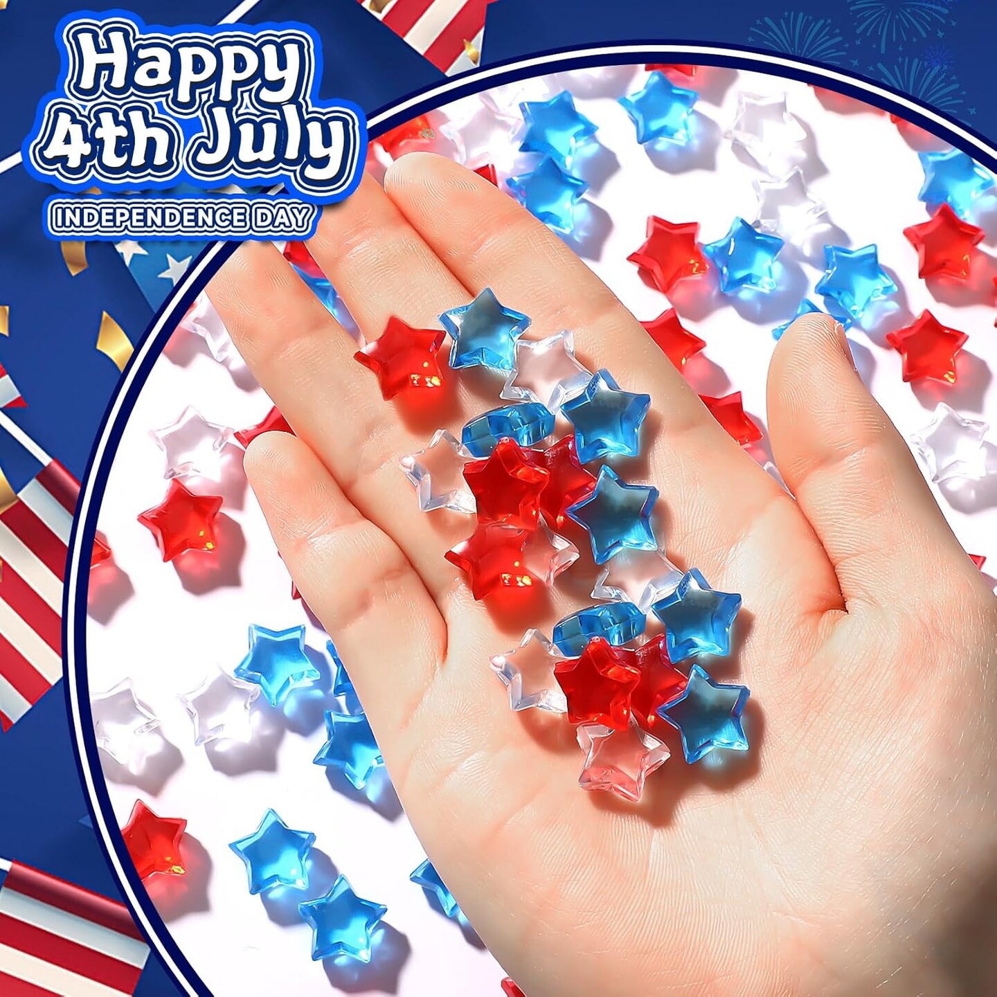 240 Pcs Patriotic Vase Filler Ice Rocks Acrylic 4th of July Star Crystals Gems Memorial Day Independence Day 3D Star Shaped Gems Decorations for Table Scatter, Party Wedding Arts Crafts