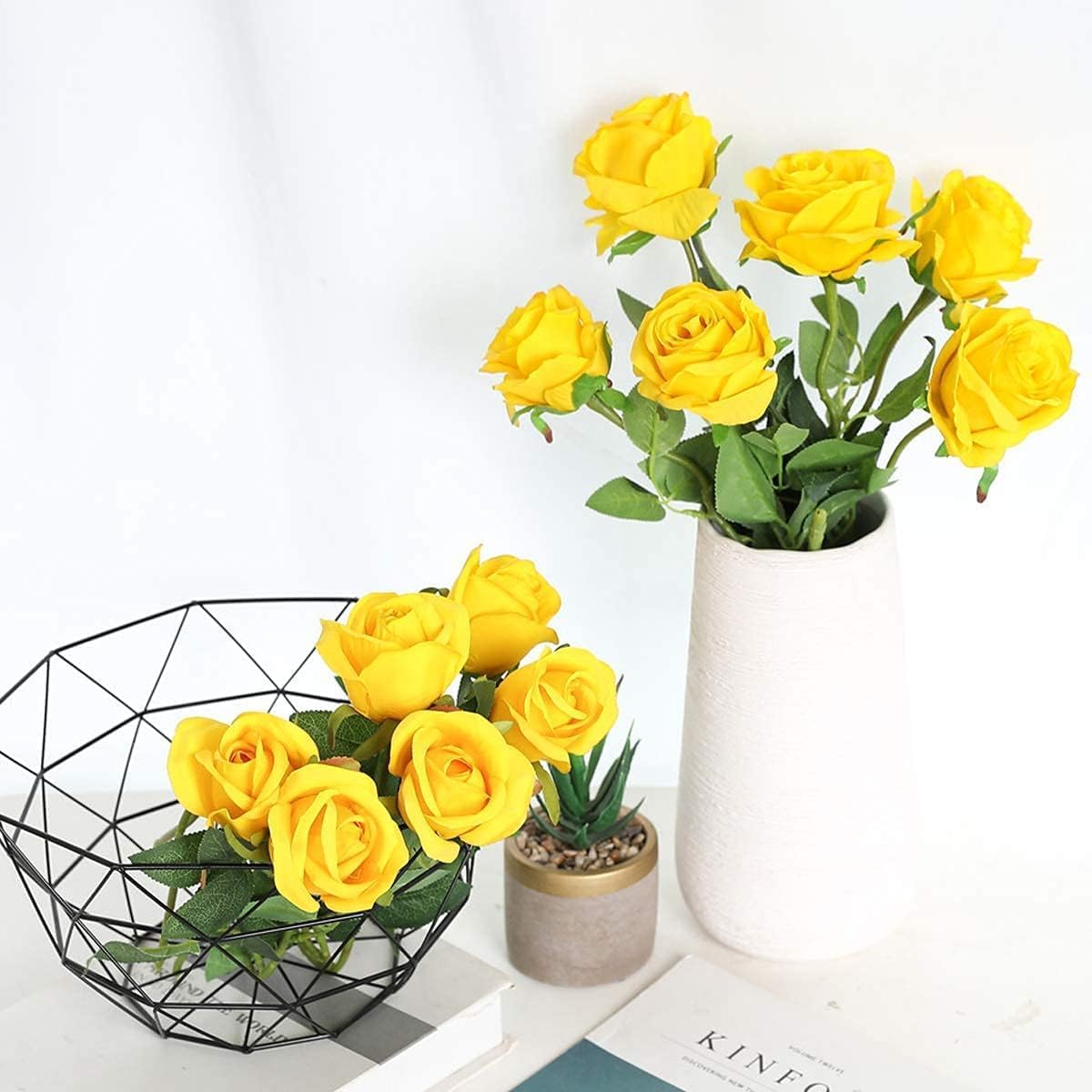 10 Pcs Fake Artificial Roses Silk Flowers with Stems (Yellow) 9.84"D x 7.78"W x 2.36"H