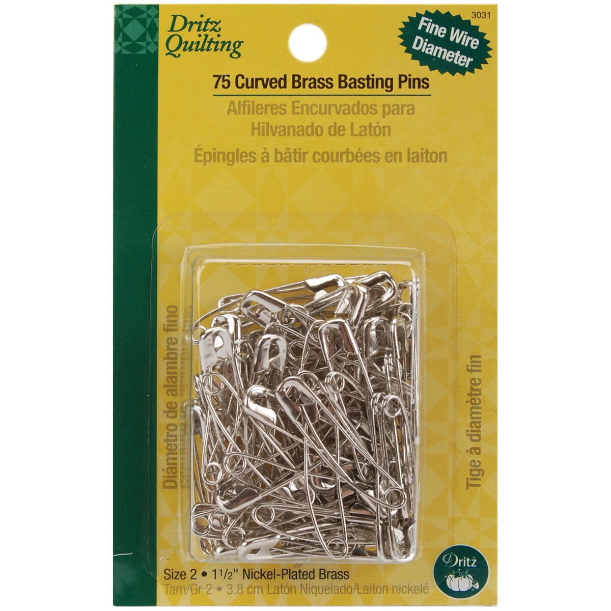 Dritz Quilting Curved Basting Pins 75/Pkg-Nickel-Plated Size 2