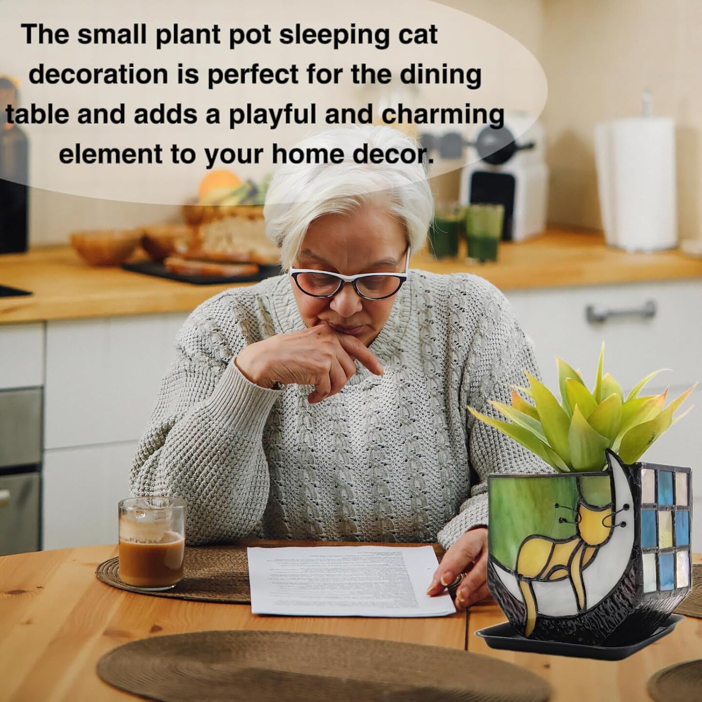 Stained Glass Moon Sleeping Cat Planter - 4.6x3x5.15 Inches (Yellow-Green)